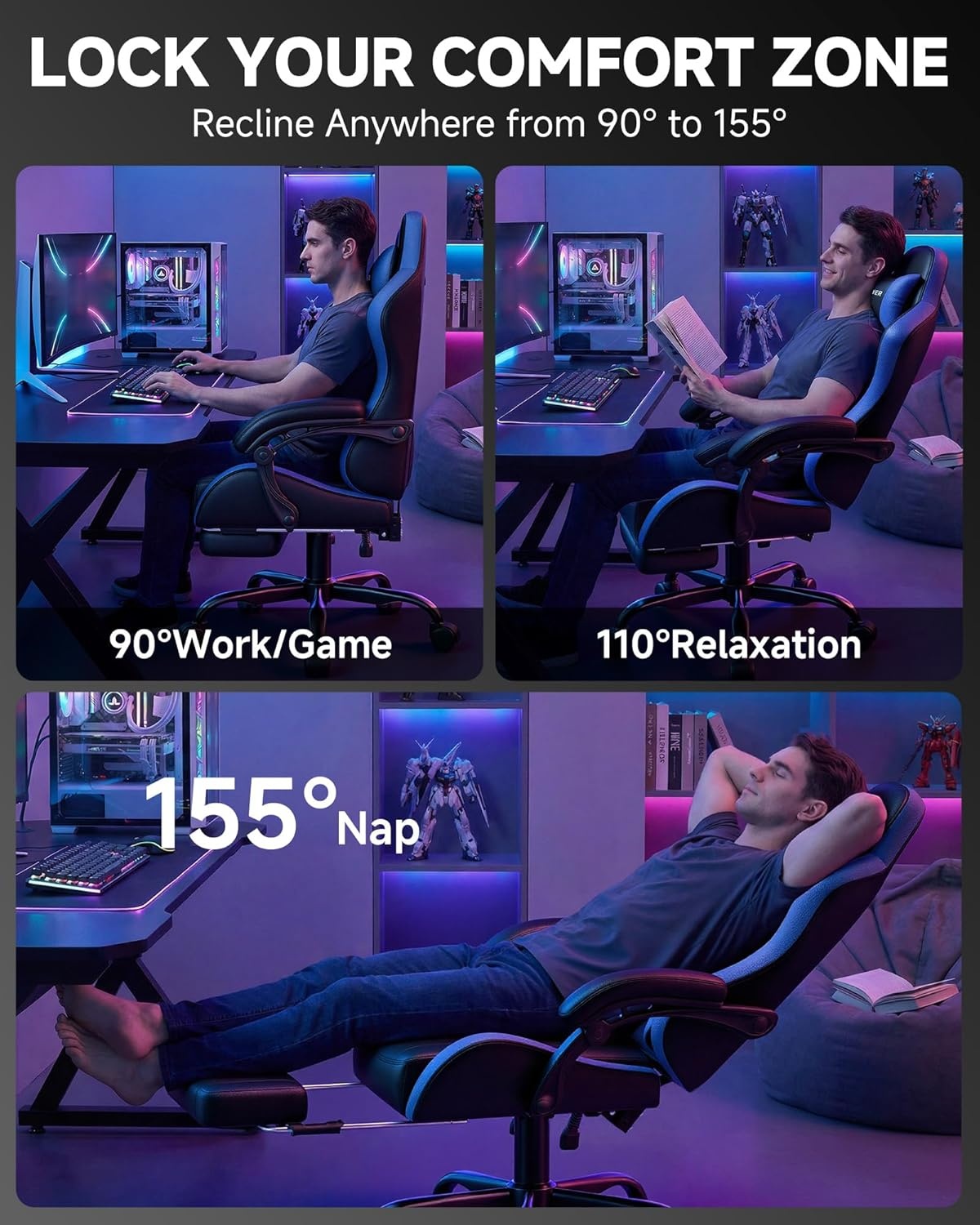 image:imageGTPLAYER Gaming Chair Computer Gaming Chairs for Adults with Footrest Height Adjustable PC Game Chair with 90155 Recline amp Removable Headrest Lumbar Support BlackWhiteBlackblue