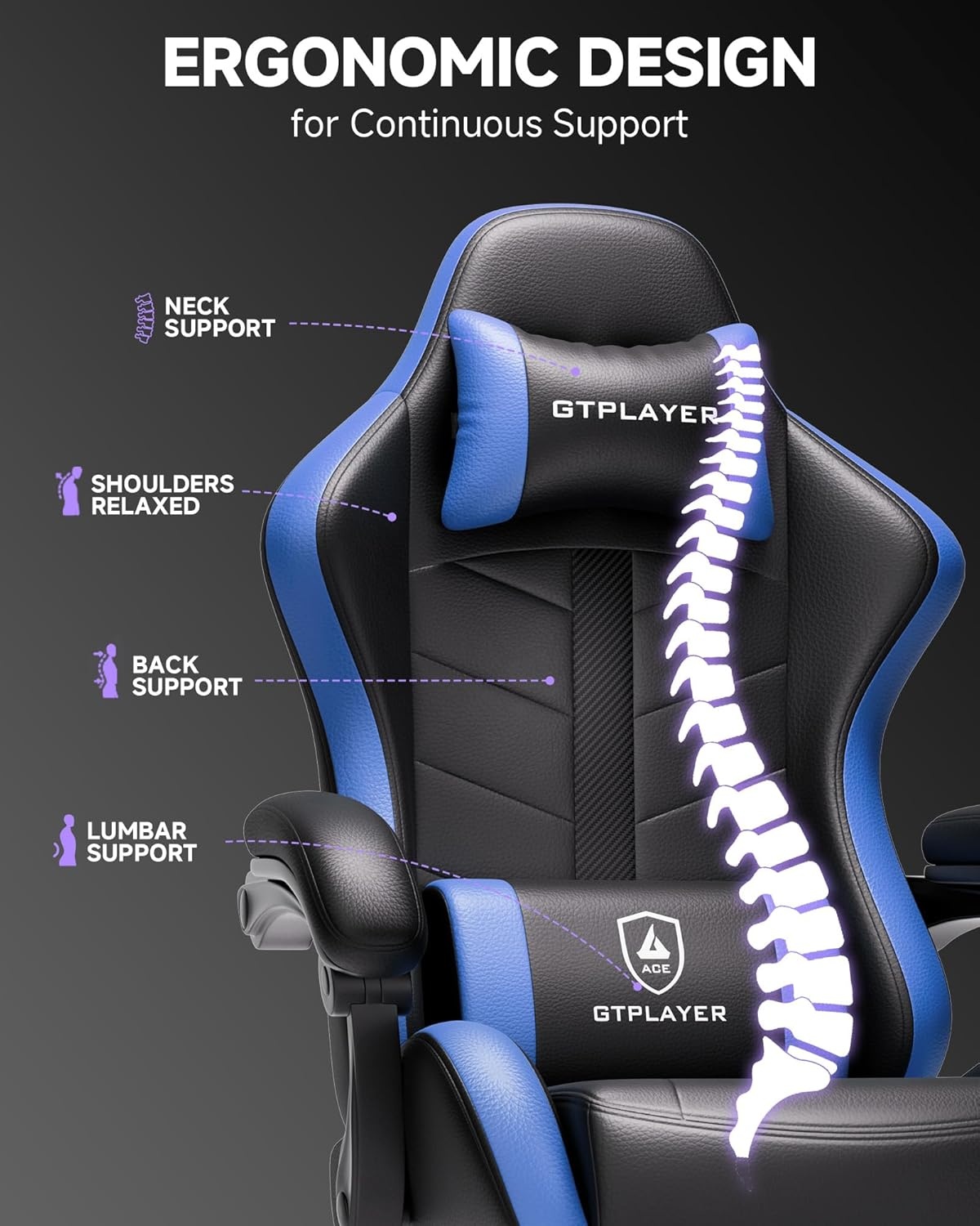 image:imageGTPLAYER Gaming Chair Computer Gaming Chairs for Adults with Footrest Height Adjustable PC Game Chair with 90155 Recline amp Removable Headrest Lumbar Support BlackWhiteBlackblue