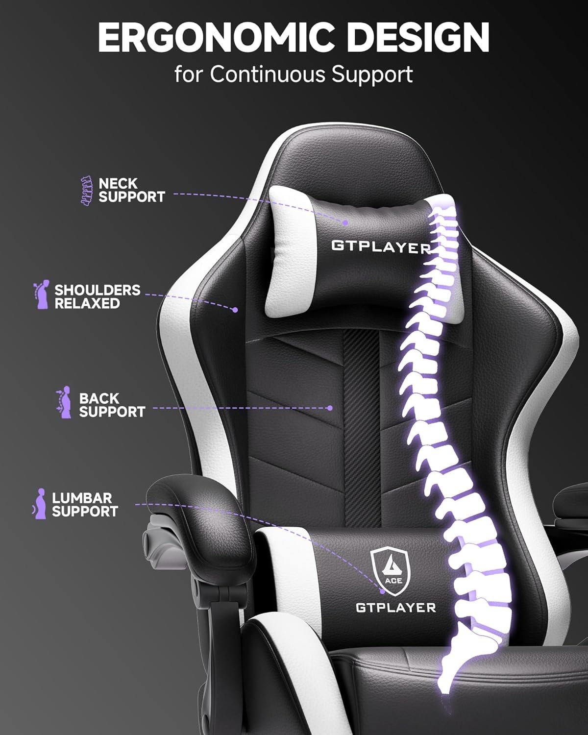 image:imageGTPLAYER Gaming Chair Computer Gaming Chairs for Adults with Footrest Height Adjustable PC Game Chair with 90155 Recline amp Removable Headrest Lumbar Support BlackWhiteSnow White