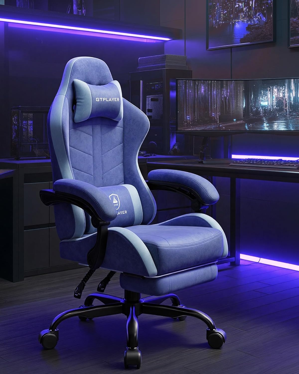 image:imageGTPLAYER Gaming Chair Computer Gaming Chairs for Adults with Footrest Height Adjustable PC Game Chair with 90155 Recline amp Removable Headrest Lumbar Support BlackWhiteBlue