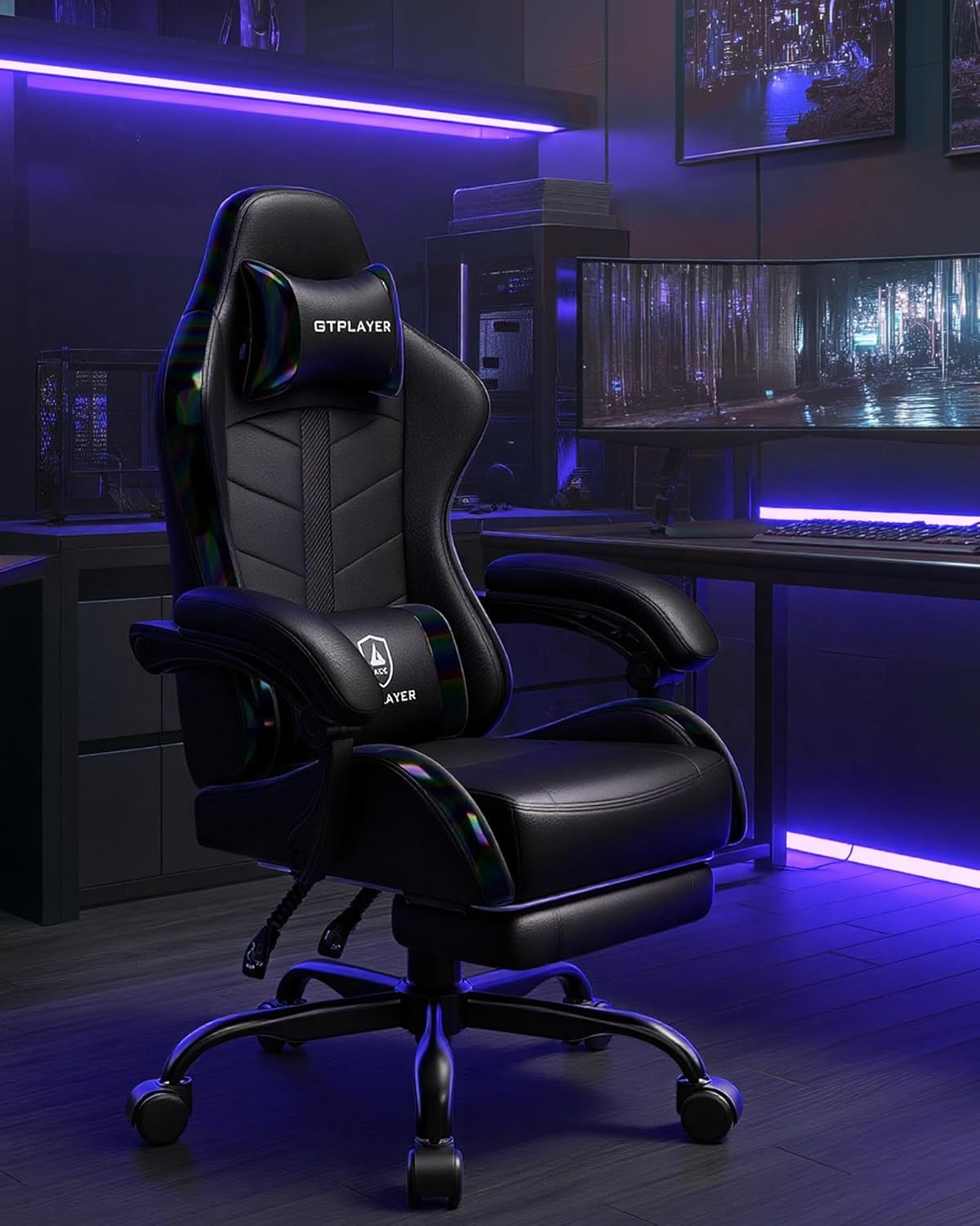 image:imageGTPLAYER Gaming Chair Computer Gaming Chairs for Adults with Footrest Height Adjustable PC Game Chair with 90155 Recline amp Removable Headrest Lumbar Support BlackWhiteColorful Black