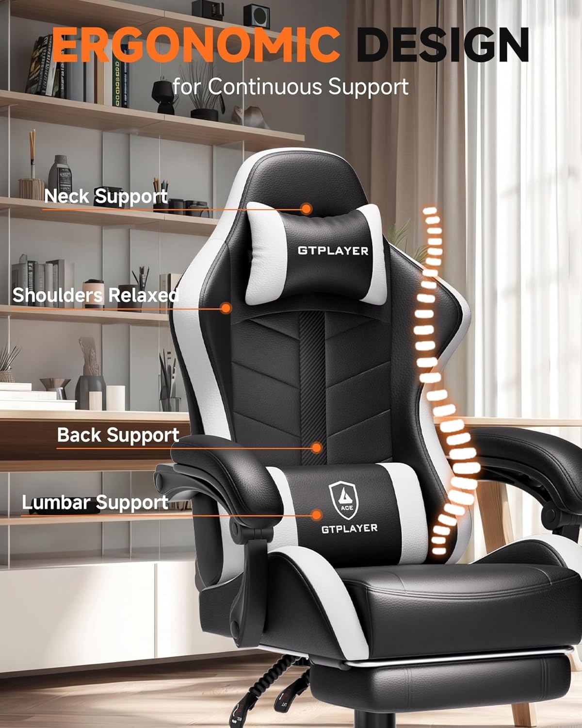 image:imageGTPLAYER Gaming Chair Computer Gaming Chairs for Adults with Footrest Height Adjustable PC Game Chair with 90155 Recline amp Removable Headrest Lumbar Support BlackWhitePearl White
