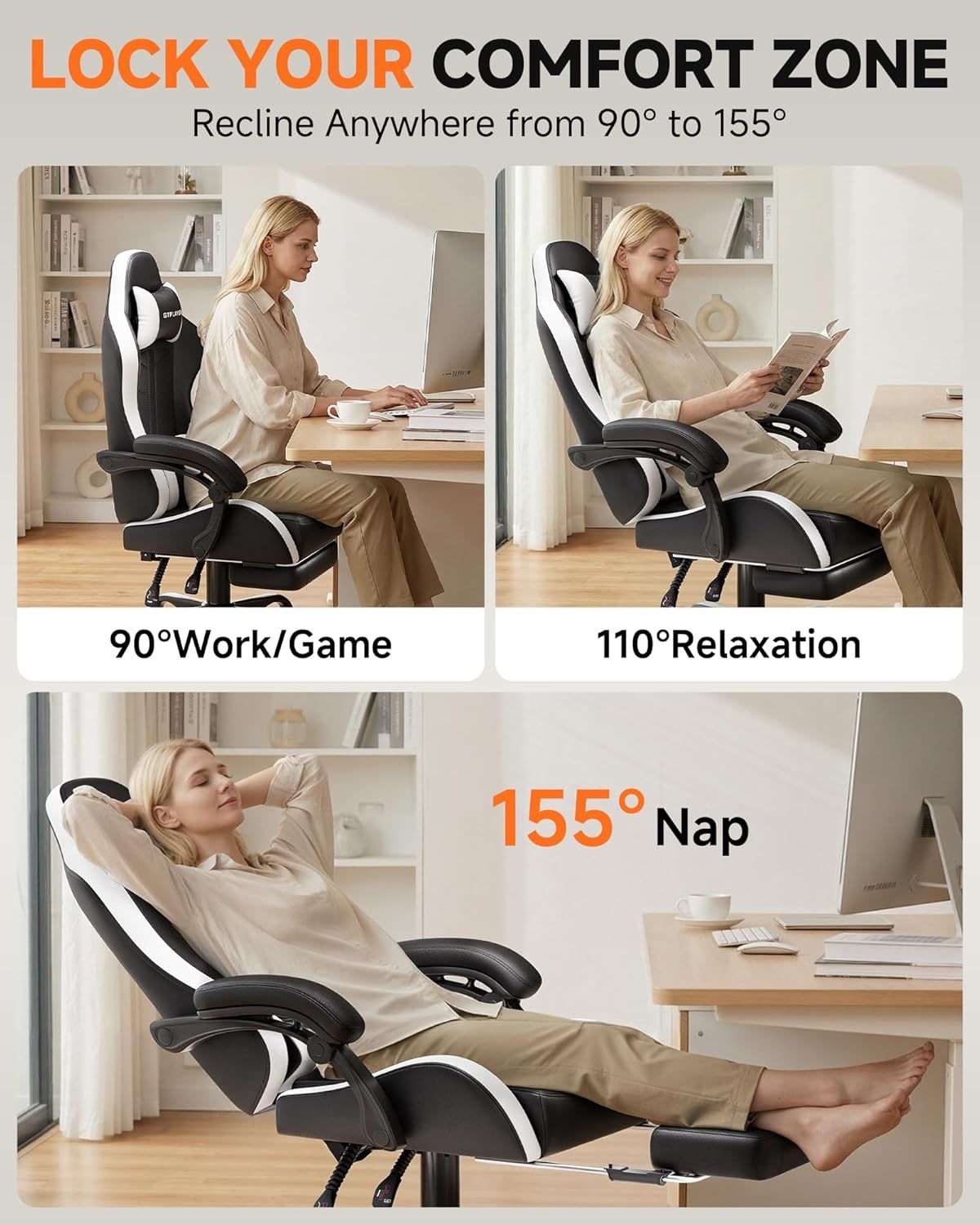 image:imageGTPLAYER Gaming Chair Computer Gaming Chairs for Adults with Footrest Height Adjustable PC Game Chair with 90155 Recline amp Removable Headrest Lumbar Support BlackWhitePearl White