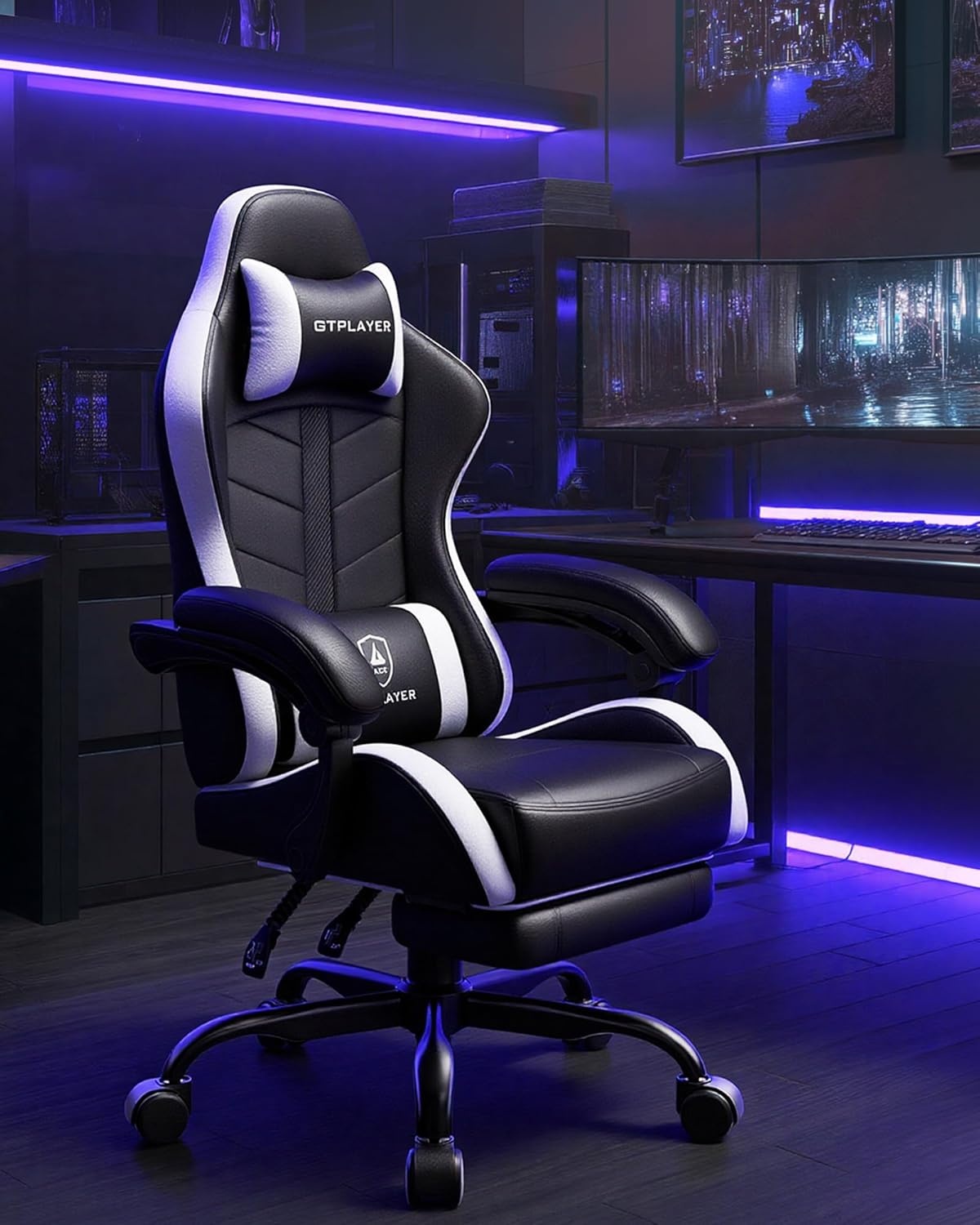 image:imageGTPLAYER Gaming Chair Computer Gaming Chairs for Adults with Footrest Height Adjustable PC Game Chair with 90155 Recline amp Removable Headrest Lumbar Support BlackWhiteSnow White