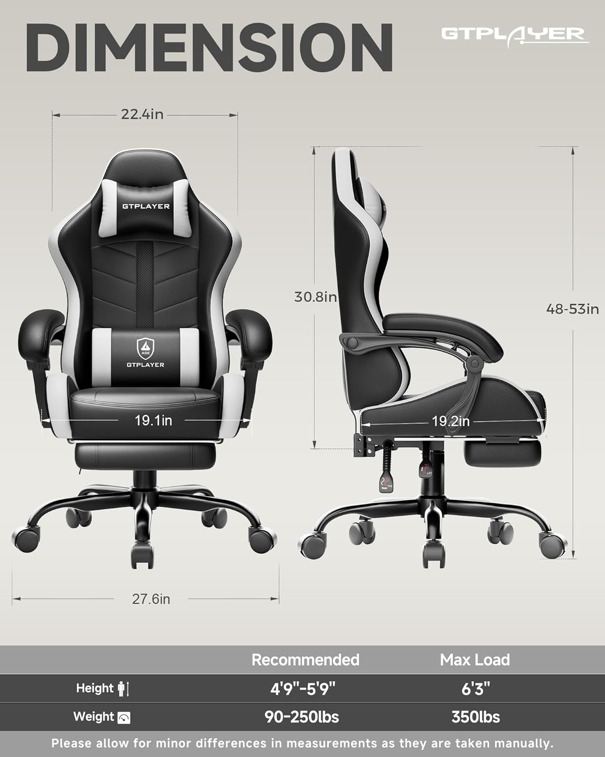 image:imageGTPLAYER Gaming Chair Computer Gaming Chairs for Adults with Footrest Height Adjustable PC Game Chair with 90155 Recline amp Removable Headrest Lumbar Support BlackWhitePearl White