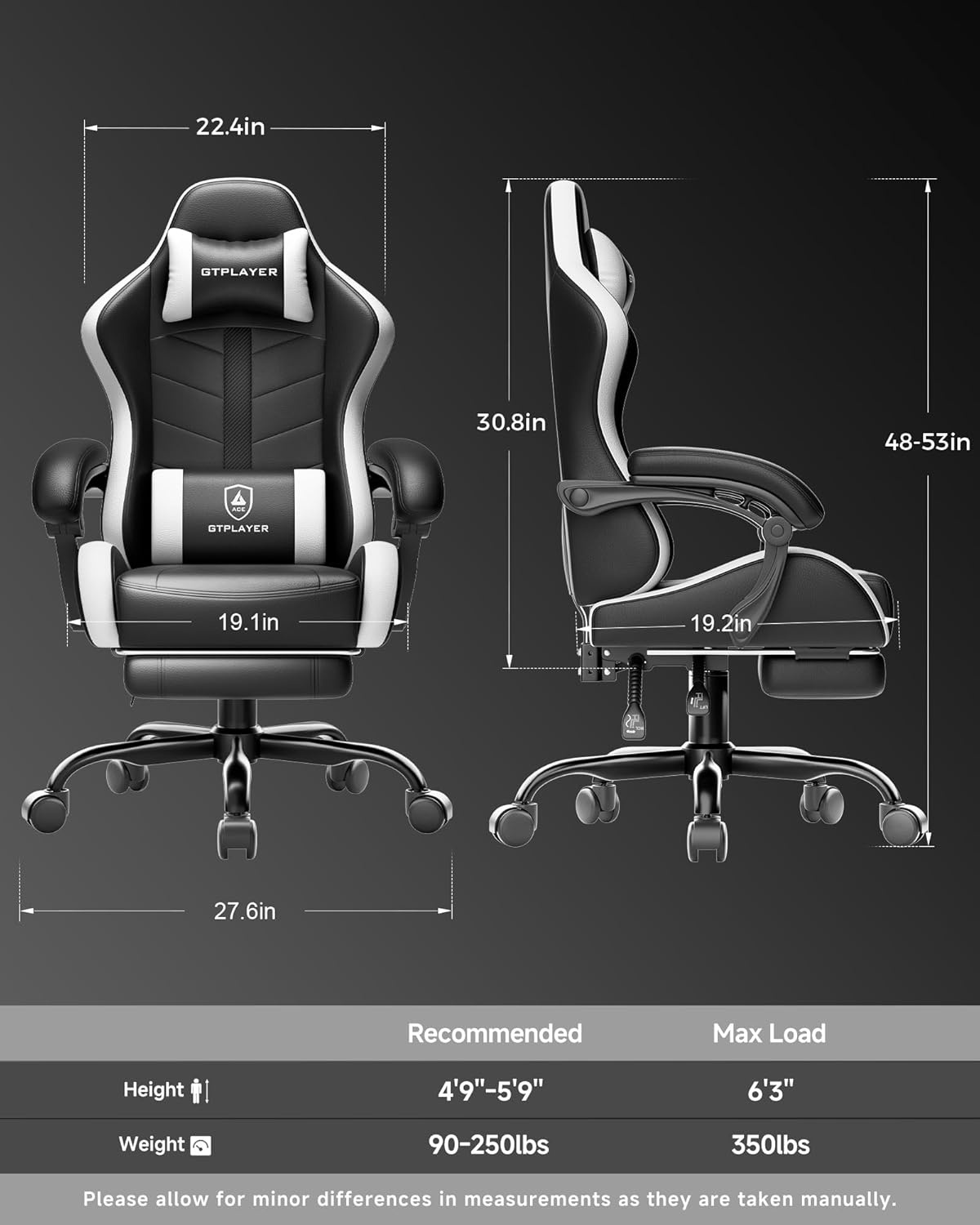 image:imageGTPLAYER Gaming Chair Computer Gaming Chairs for Adults with Footrest Height Adjustable PC Game Chair with 90155 Recline amp Removable Headrest Lumbar Support BlackWhiteSnow White