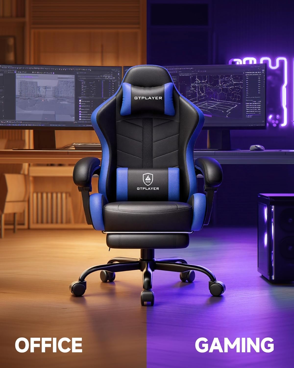 image:imageGTPLAYER Gaming Chair Computer Gaming Chairs for Adults with Footrest Height Adjustable PC Game Chair with 90155 Recline amp Removable Headrest Lumbar Support BlackWhiteBlackblue