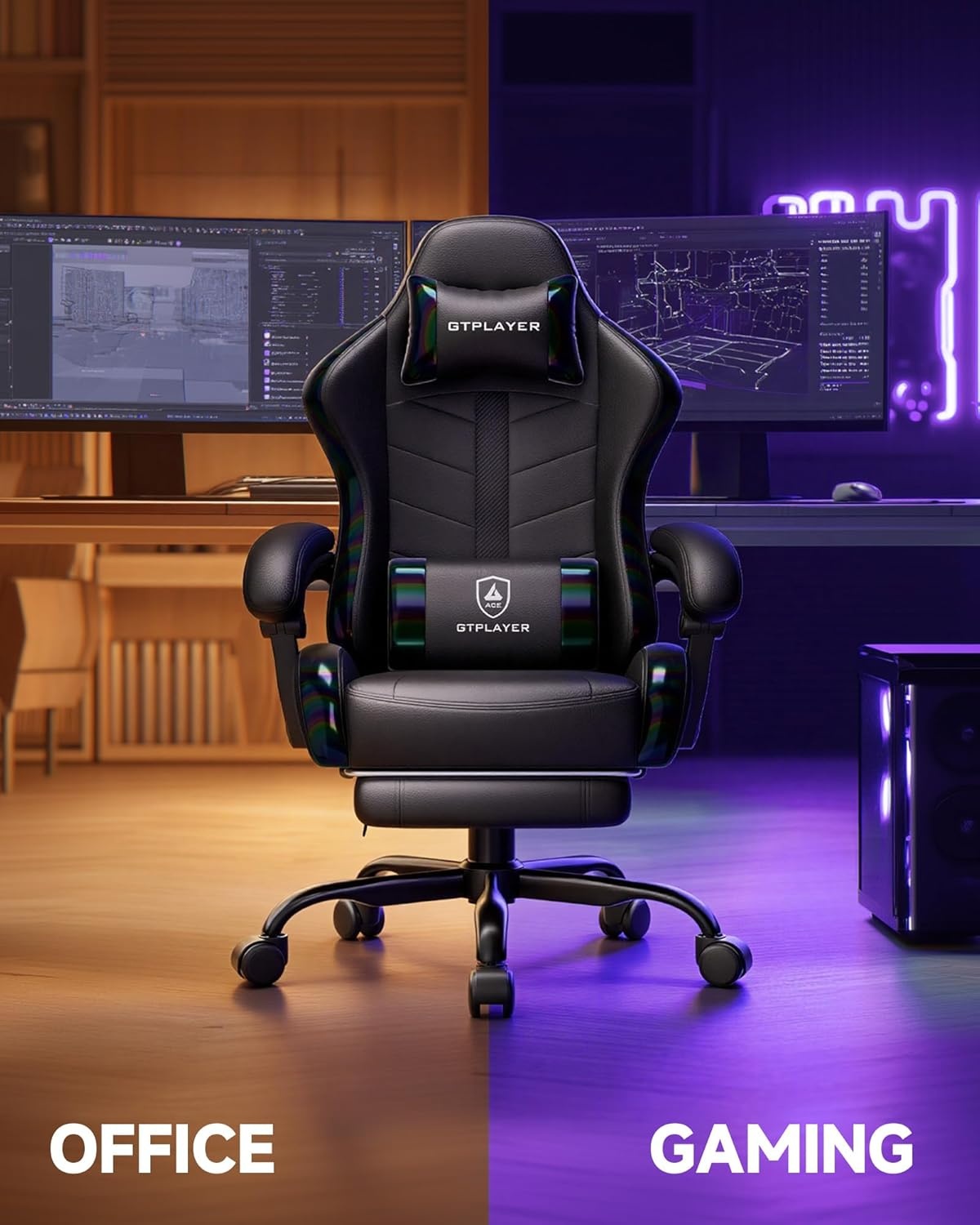 image:imageGTPLAYER Gaming Chair Computer Gaming Chairs for Adults with Footrest Height Adjustable PC Game Chair with 90155 Recline amp Removable Headrest Lumbar Support BlackWhiteColorful Black