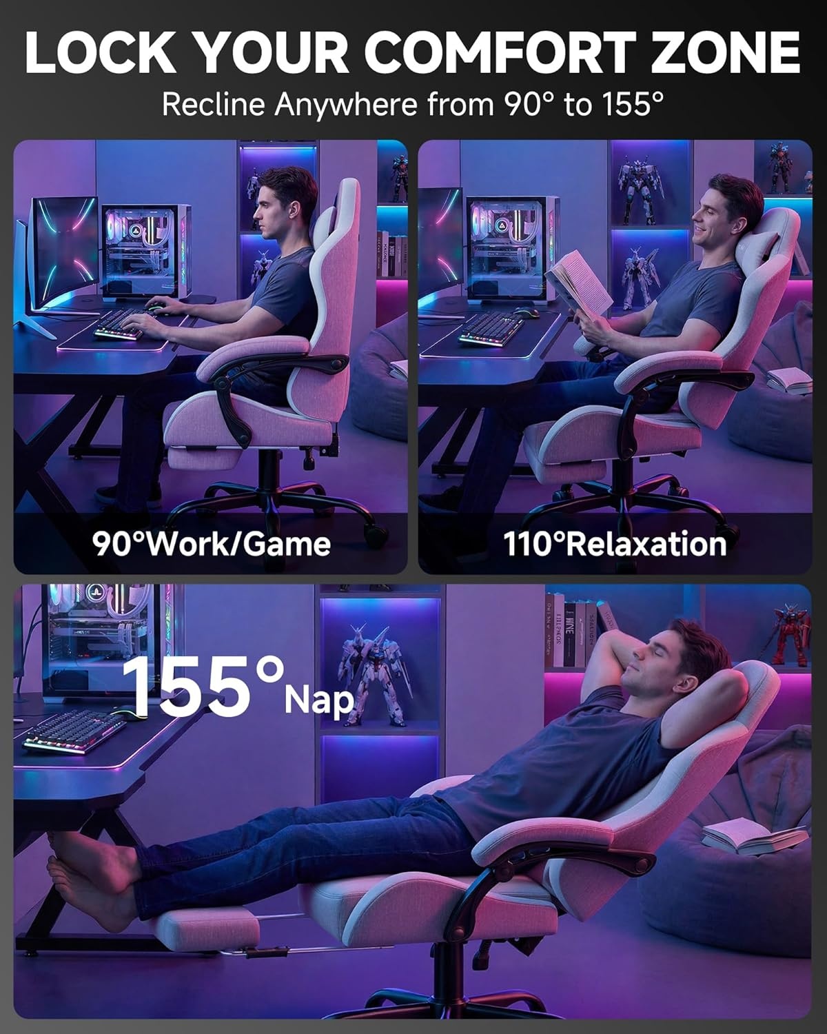 image:imageGTPLAYER Gaming Chair Computer Gaming Chairs for Adults with Footrest Height Adjustable PC Game Chair with 90155 Recline amp Removable Headrest Lumbar Support BlackWhitePink