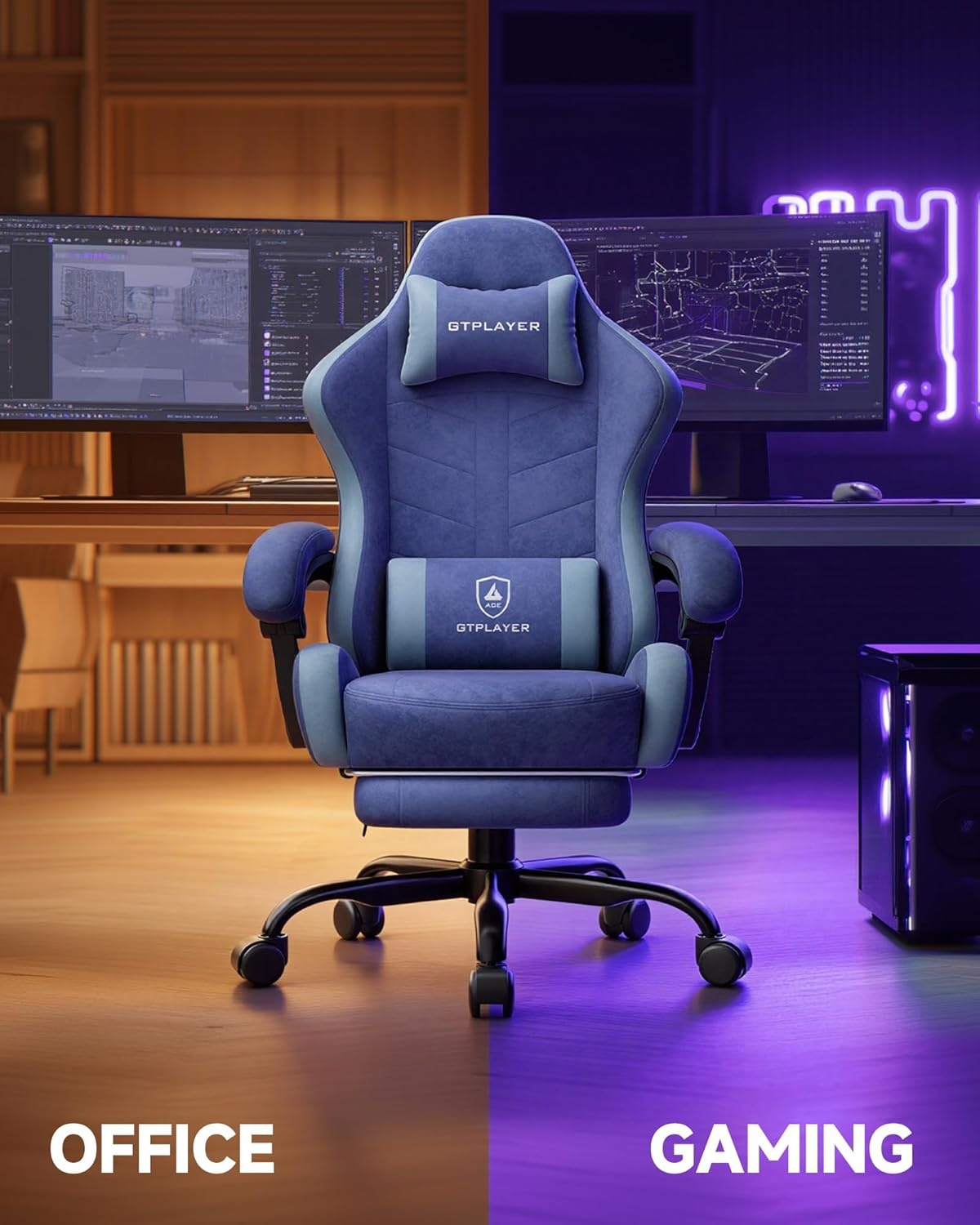image:imageGTPLAYER Gaming Chair Computer Gaming Chairs for Adults with Footrest Height Adjustable PC Game Chair with 90155 Recline amp Removable Headrest Lumbar Support BlackWhiteBlue