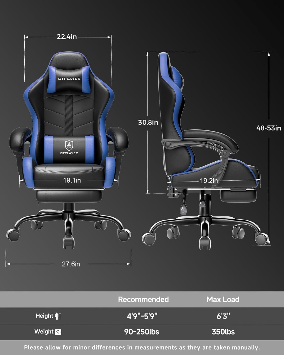 image:imageGTPLAYER Gaming Chair Computer Gaming Chairs for Adults with Footrest Height Adjustable PC Game Chair with 90155 Recline amp Removable Headrest Lumbar Support BlackWhiteBlackblue