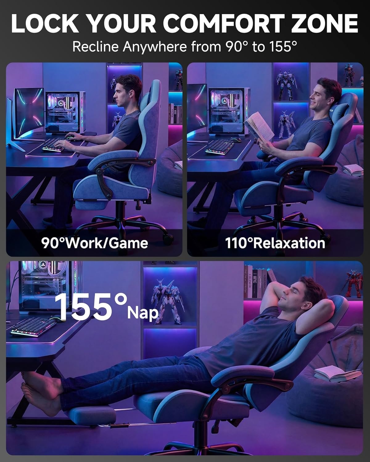 image:imageGTPLAYER Gaming Chair Computer Gaming Chairs for Adults with Footrest Height Adjustable PC Game Chair with 90155 Recline amp Removable Headrest Lumbar Support BlackWhiteBlue