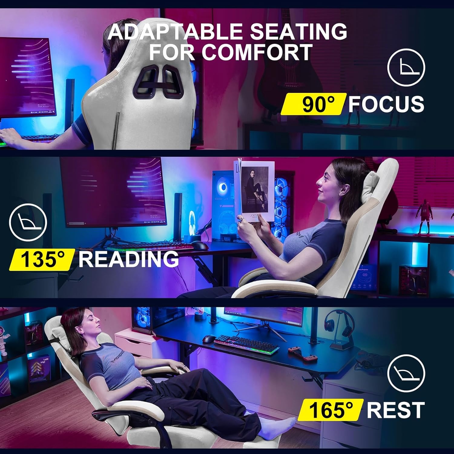 image:imageGTPLAYER Gaming Chair Computer Office Chair with Pocket Spring Cushion Linkage Armrests and Footrest High Back Ergonomic Computer Chair with Lumbar Support Task Chair with FootrestIvorywhite