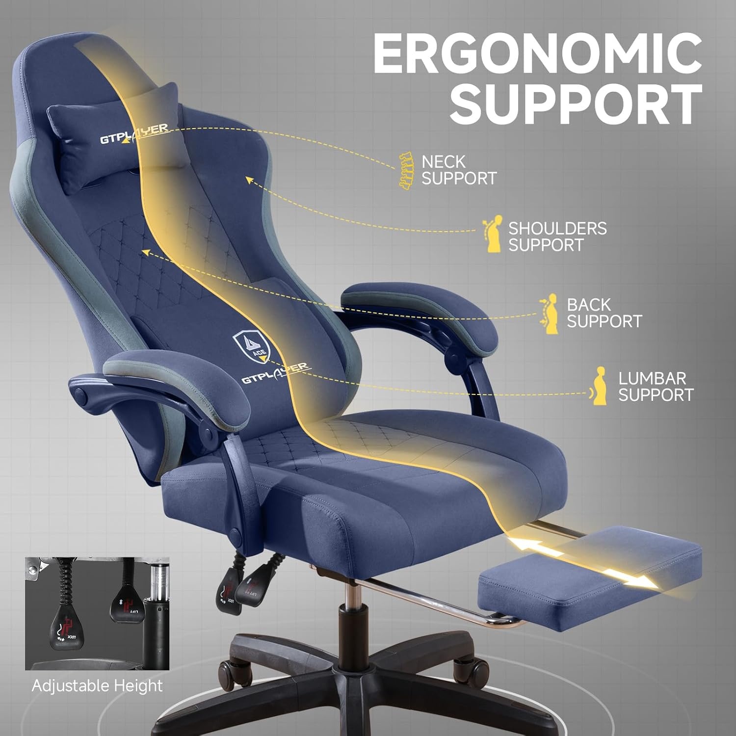 image:imageGTPLAYER Gaming Chair Computer Office Chair with Pocket Spring Cushion Linkage Armrests and Footrest High Back Ergonomic Computer Chair with Lumbar Support Task Chair with FootrestBlue