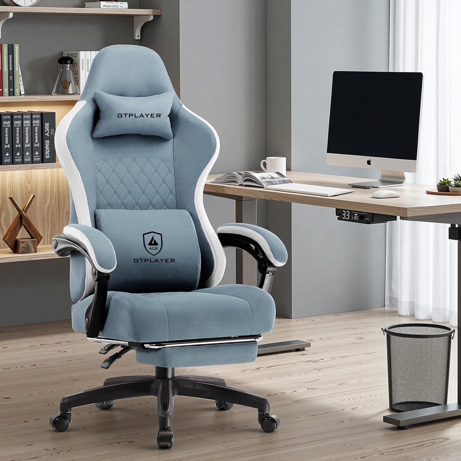 image:imageGTPLAYER Gaming Chair Computer Office Chair with Pocket Spring Cushion Linkage Armrests and Footrest High Back Ergonomic Computer Chair with Lumbar Support Task Chair with FootrestLight Blue