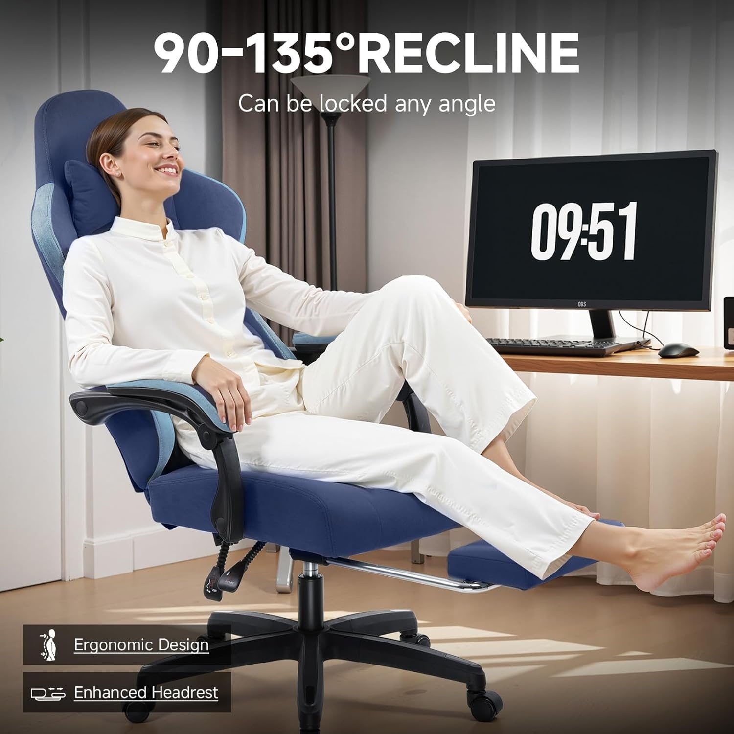 image:imageGTPLAYER Gaming Chair Computer Office Chair with Pocket Spring Cushion Linkage Armrests and Footrest High Back Ergonomic Computer Chair with Lumbar Support Task Chair with FootrestBlue