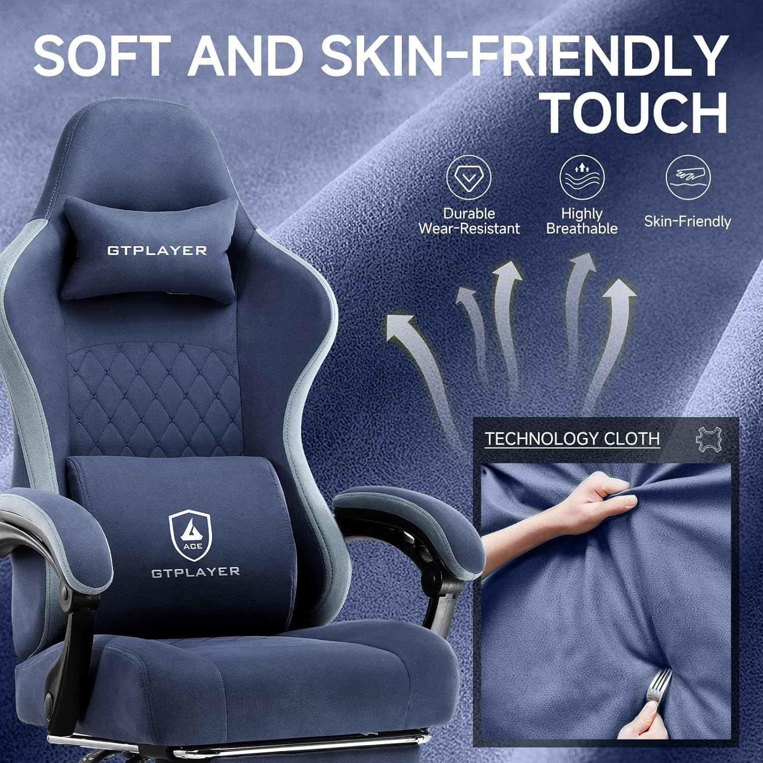 image:imageGTPLAYER Gaming Chair Computer Office Chair with Pocket Spring Cushion Linkage Armrests and Footrest High Back Ergonomic Computer Chair with Lumbar Support Task Chair with FootrestBlue
