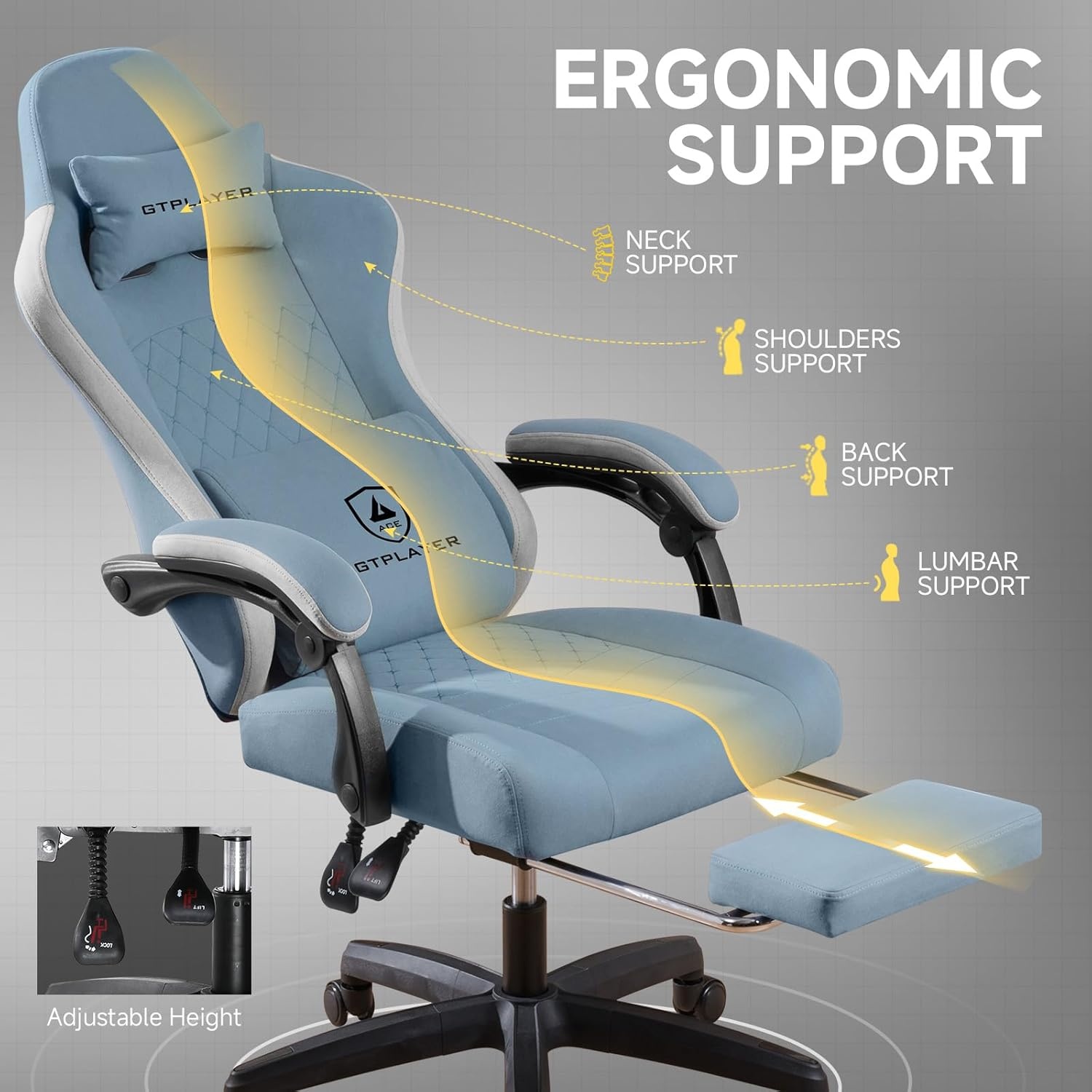 image:imageGTPLAYER Gaming Chair Computer Office Chair with Pocket Spring Cushion Linkage Armrests and Footrest High Back Ergonomic Computer Chair with Lumbar Support Task Chair with FootrestLight Blue