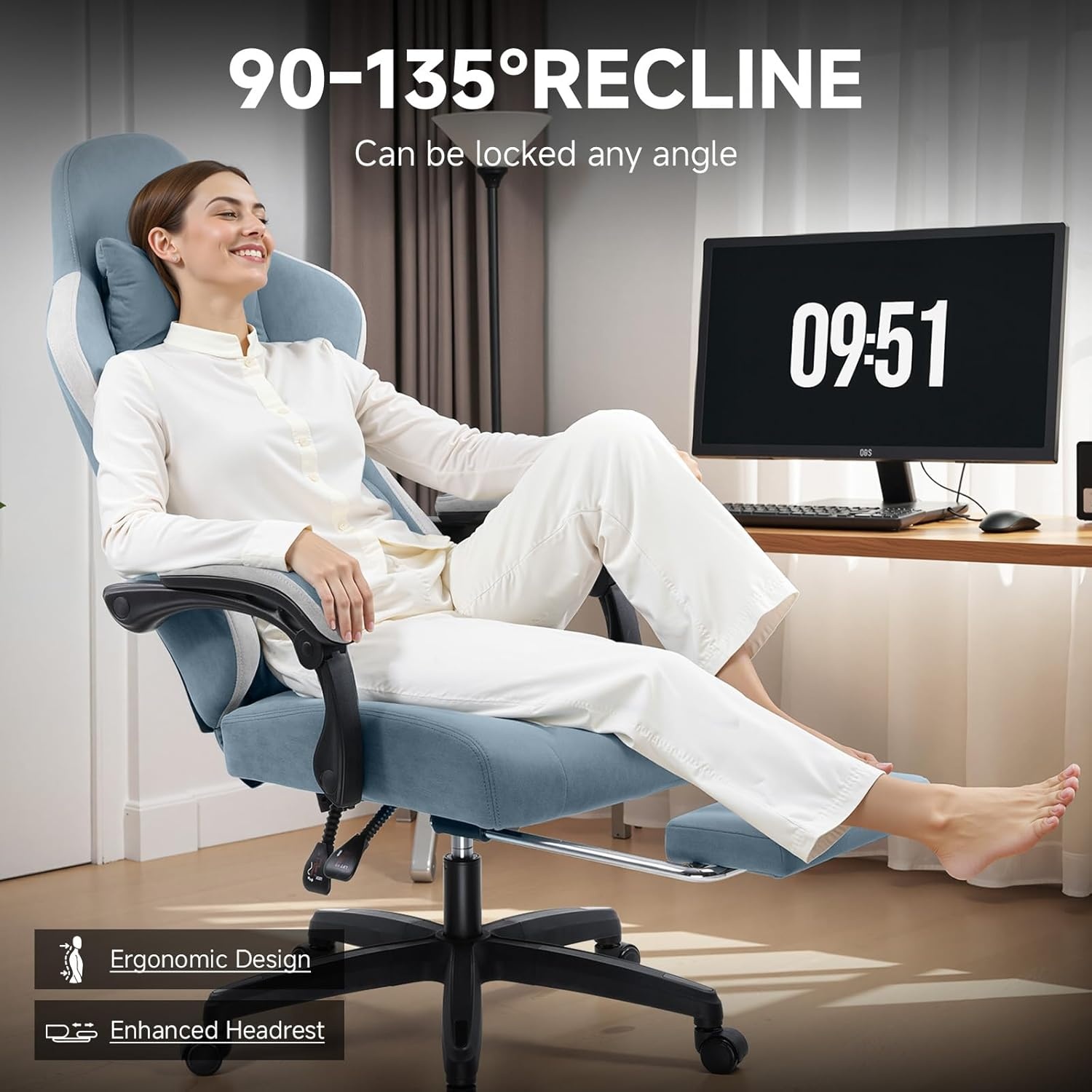 image:imageGTPLAYER Gaming Chair Computer Office Chair with Pocket Spring Cushion Linkage Armrests and Footrest High Back Ergonomic Computer Chair with Lumbar Support Task Chair with FootrestLight Blue
