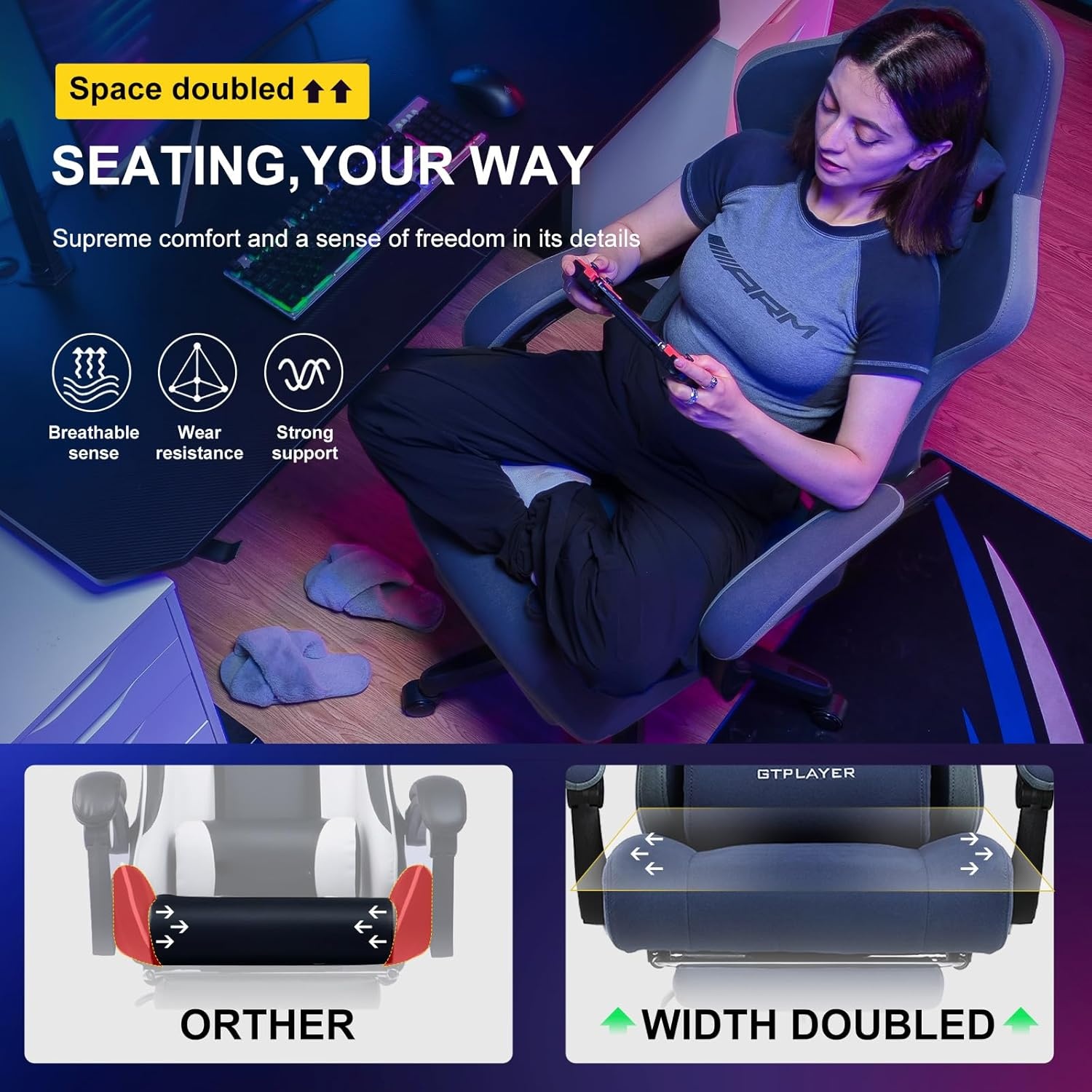 image:imageGTPLAYER Gaming Chair Computer Office Chair with Pocket Spring Cushion Linkage Armrests and Footrest High Back Ergonomic Computer Chair with Lumbar Support Task Chair with FootrestNavyblue