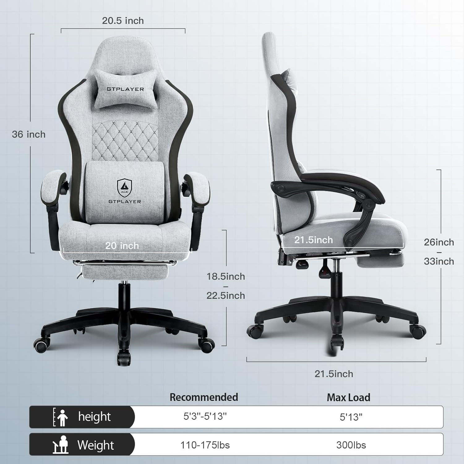 image:imageGTPLAYER Gaming Chair Computer Office Chair with Pocket Spring Cushion Linkage Armrests and Footrest High Back Ergonomic Computer Chair with Lumbar Support Task Chair with FootrestFrostedgray