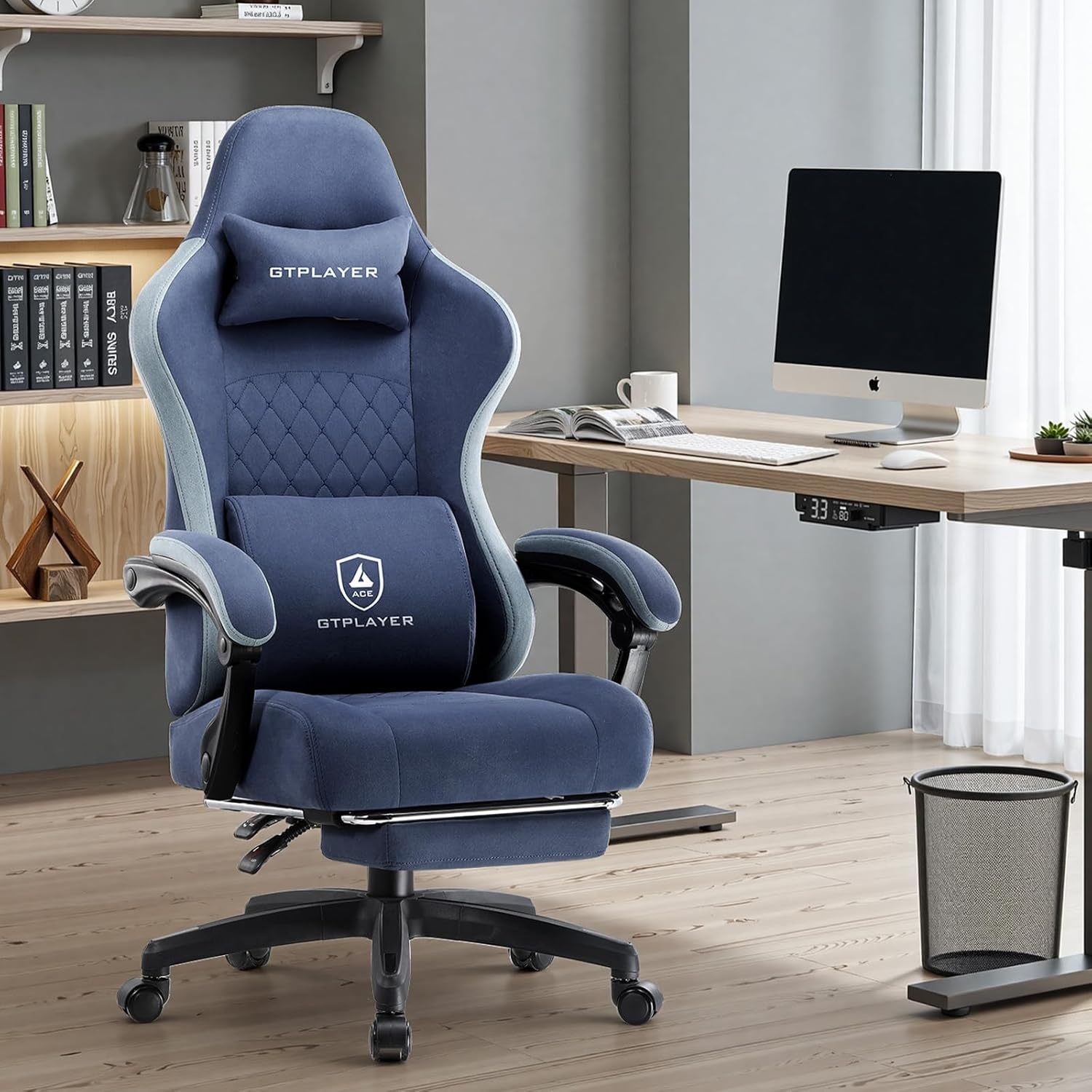 image:imageGTPLAYER Gaming Chair Computer Office Chair with Pocket Spring Cushion Linkage Armrests and Footrest High Back Ergonomic Computer Chair with Lumbar Support Task Chair with FootrestBlue