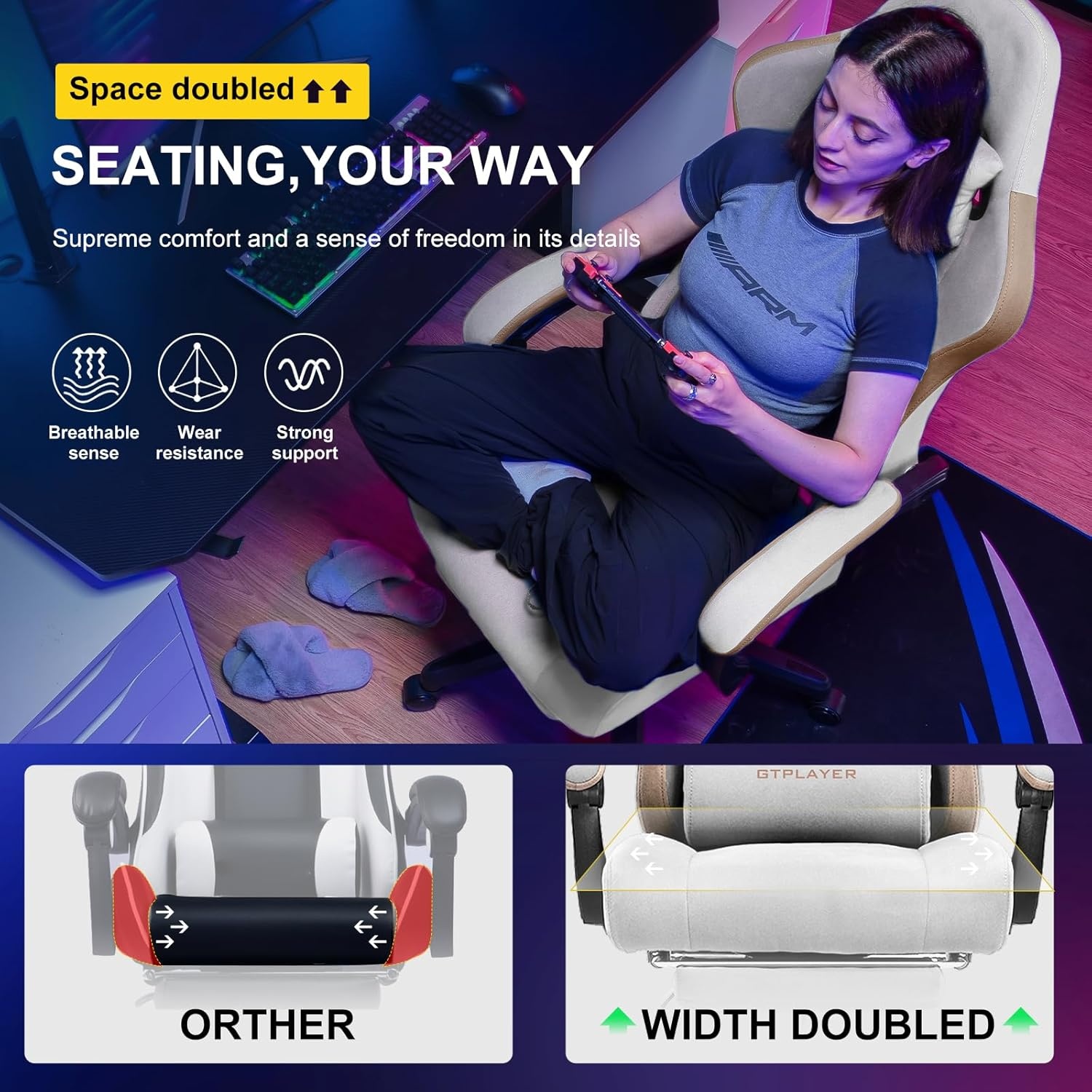 image:imageGTPLAYER Gaming Chair Computer Office Chair with Pocket Spring Cushion Linkage Armrests and Footrest High Back Ergonomic Computer Chair with Lumbar Support Task Chair with FootrestIvorywhite