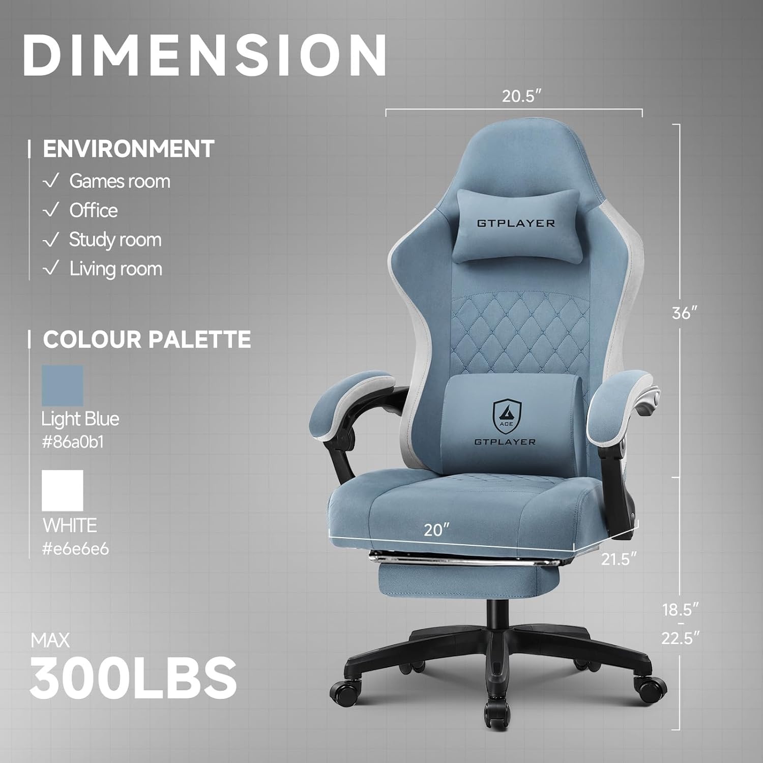 image:imageGTPLAYER Gaming Chair Computer Office Chair with Pocket Spring Cushion Linkage Armrests and Footrest High Back Ergonomic Computer Chair with Lumbar Support Task Chair with FootrestLight Blue