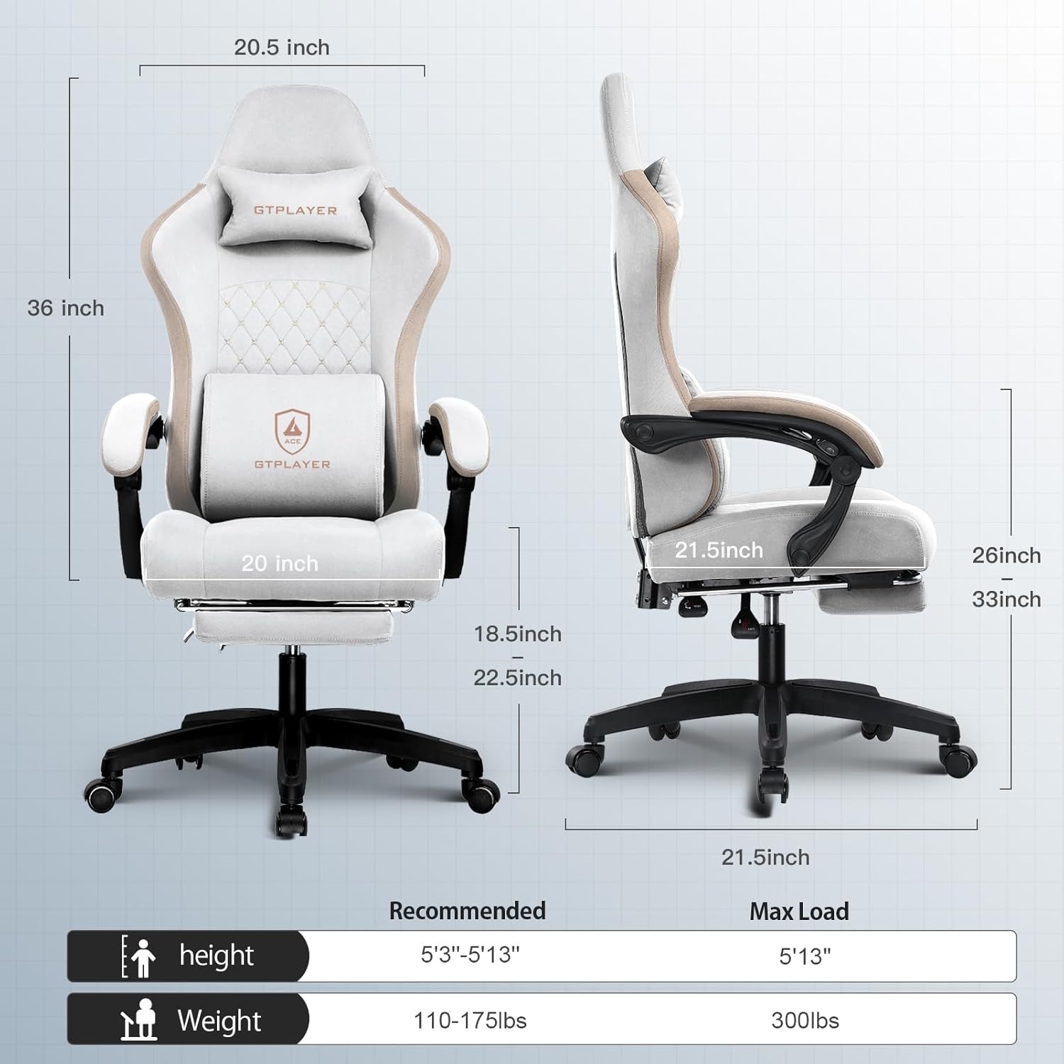 image:imageGTPLAYER Gaming Chair Computer Office Chair with Pocket Spring Cushion Linkage Armrests and Footrest High Back Ergonomic Computer Chair with Lumbar Support Task Chair with FootrestIvorywhite