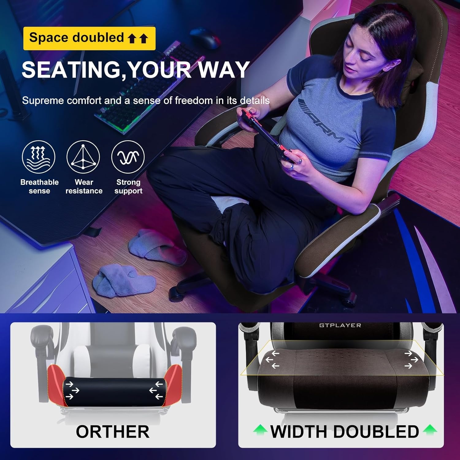 image:imageGTPLAYER Gaming Chair Computer Office Chair with Pocket Spring Cushion Linkage Armrests and Footrest High Back Ergonomic Computer Chair with Lumbar Support Task Chair with FootrestBrown