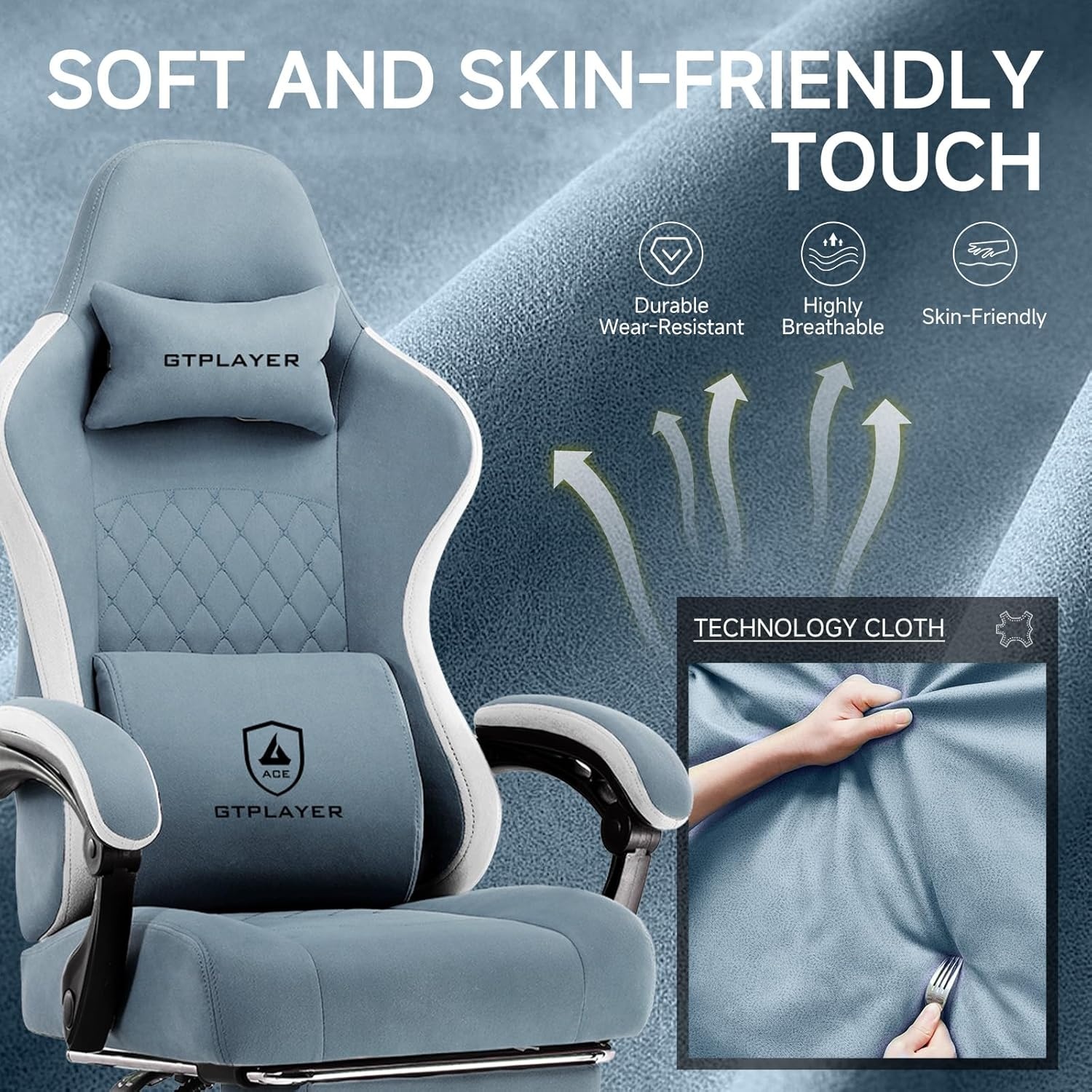 image:imageGTPLAYER Gaming Chair Computer Office Chair with Pocket Spring Cushion Linkage Armrests and Footrest High Back Ergonomic Computer Chair with Lumbar Support Task Chair with FootrestLight Blue