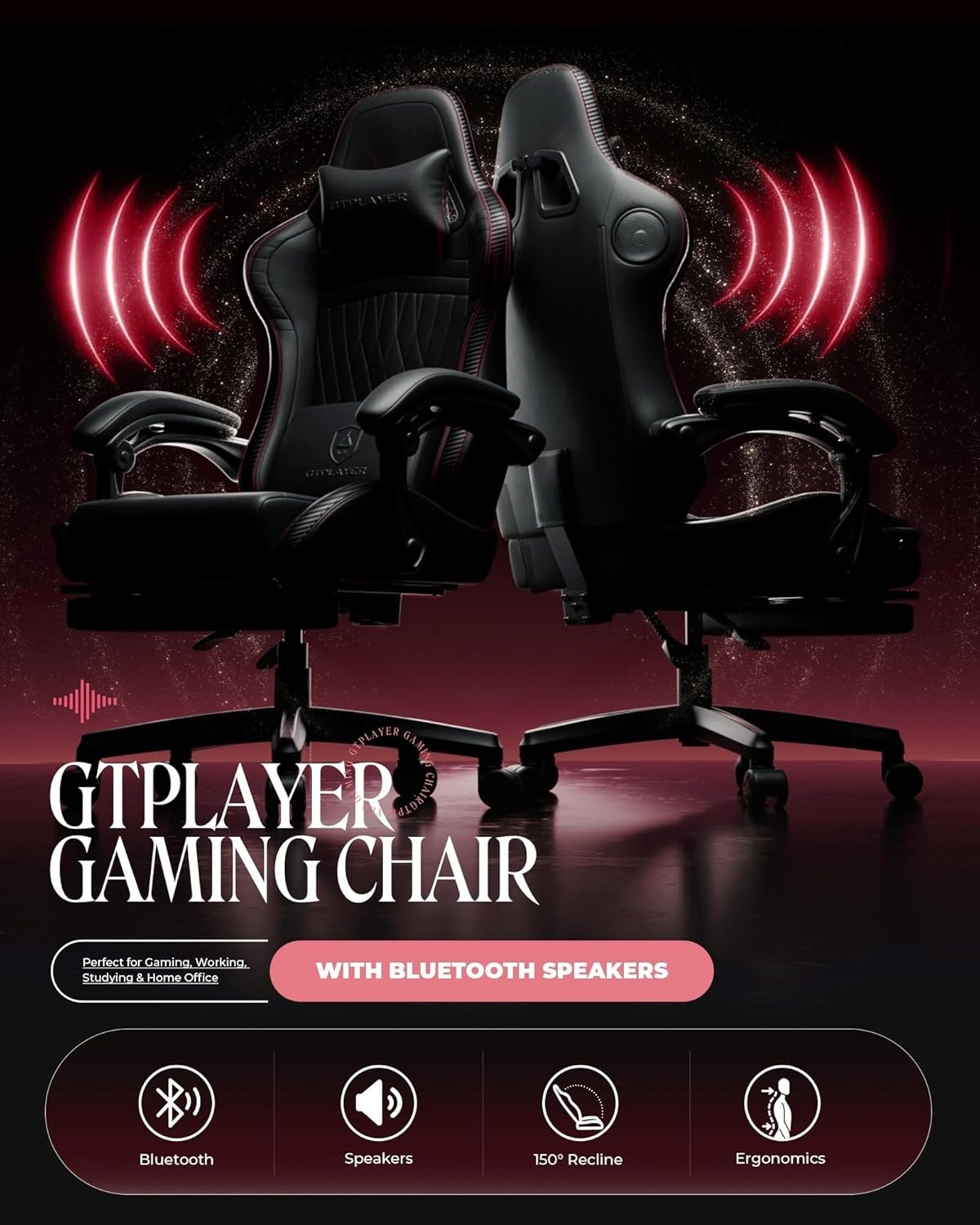 image:imageGTPLAYER Gaming Chair for Adults Ergonomic Computer Game Chairs with Speakers Footrest amp Linkage Armrest Reclining High Back Silla Gamer for Home Office Ace Pro OffWhiteRed