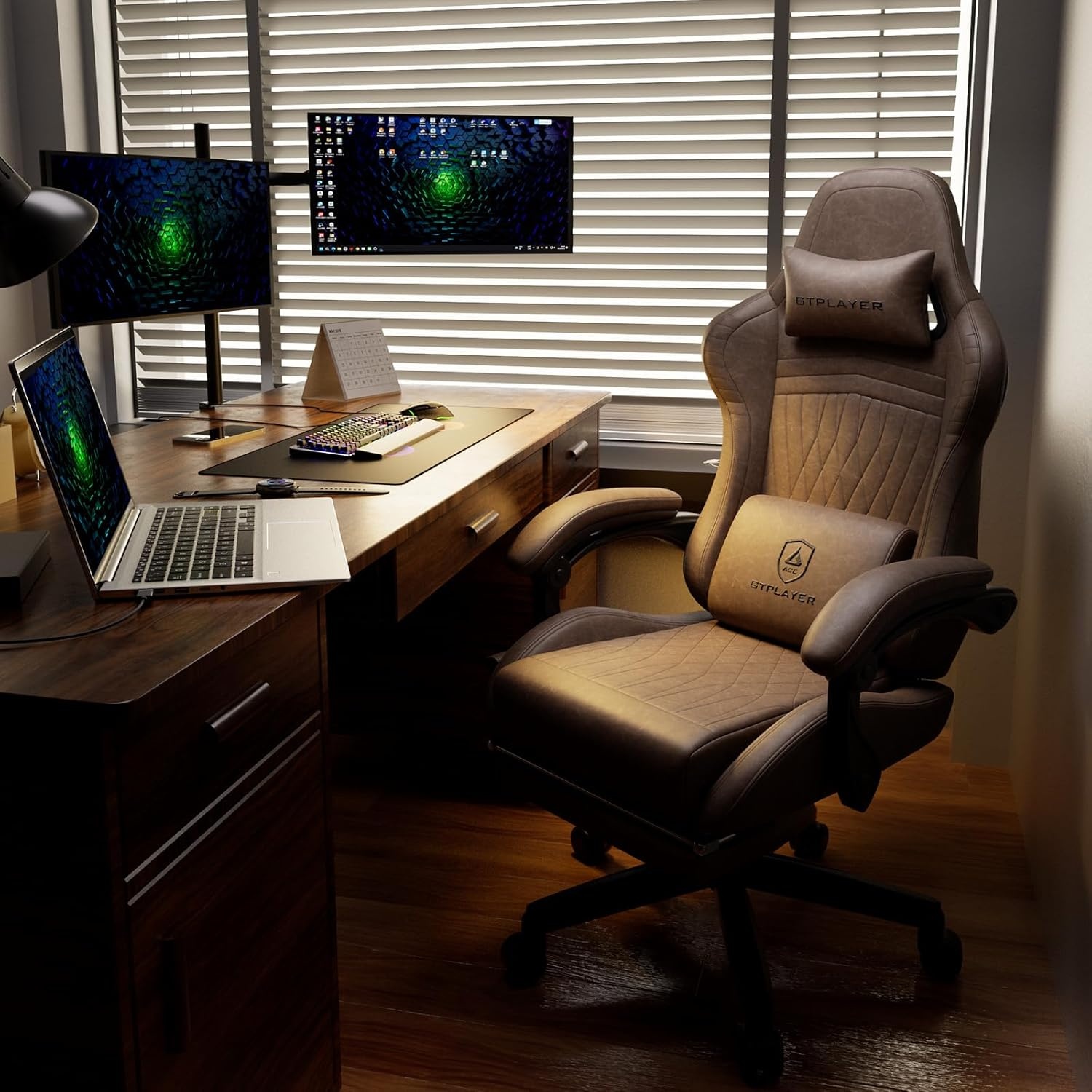image:imageGTPLAYER Gaming Chair for Adults Ergonomic Computer Game Chairs with Speakers Footrest amp Linkage Armrest Reclining High Back Silla Gamer for Home Office Ace Pro OffWhite01 Light Brown