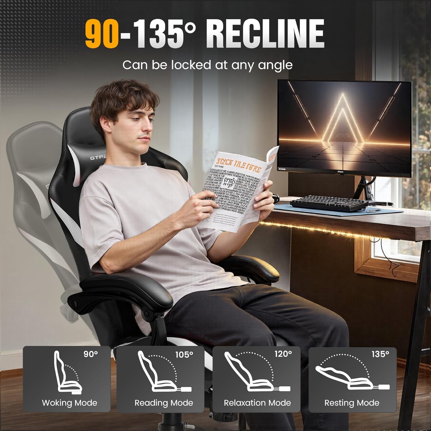 image:imageGTPLAYER Gaming Chair with Foot Rest amp Pocket Spring Cushion Ergonomic High Back Computer Chair with Headrest amp 360Swivel Seat for Home Office Desk PU Leather PinkWhiteblack