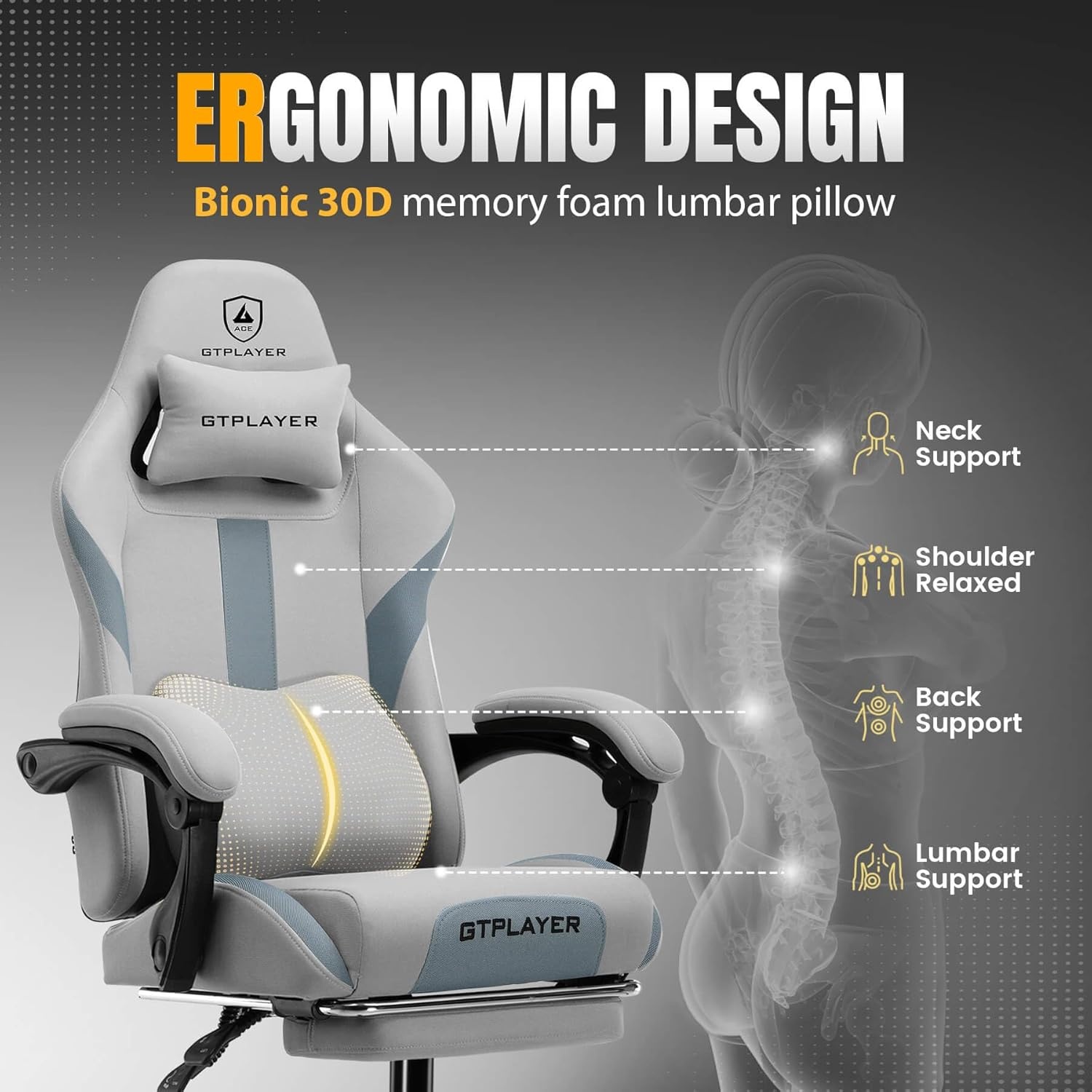 image:imageGTPLAYER Gaming Chair with Foot Rest amp Pocket Spring Cushion Ergonomic High Back Computer Chair with Headrest amp 360Swivel Seat for Home Office Desk PU Leather PinkBluegray
