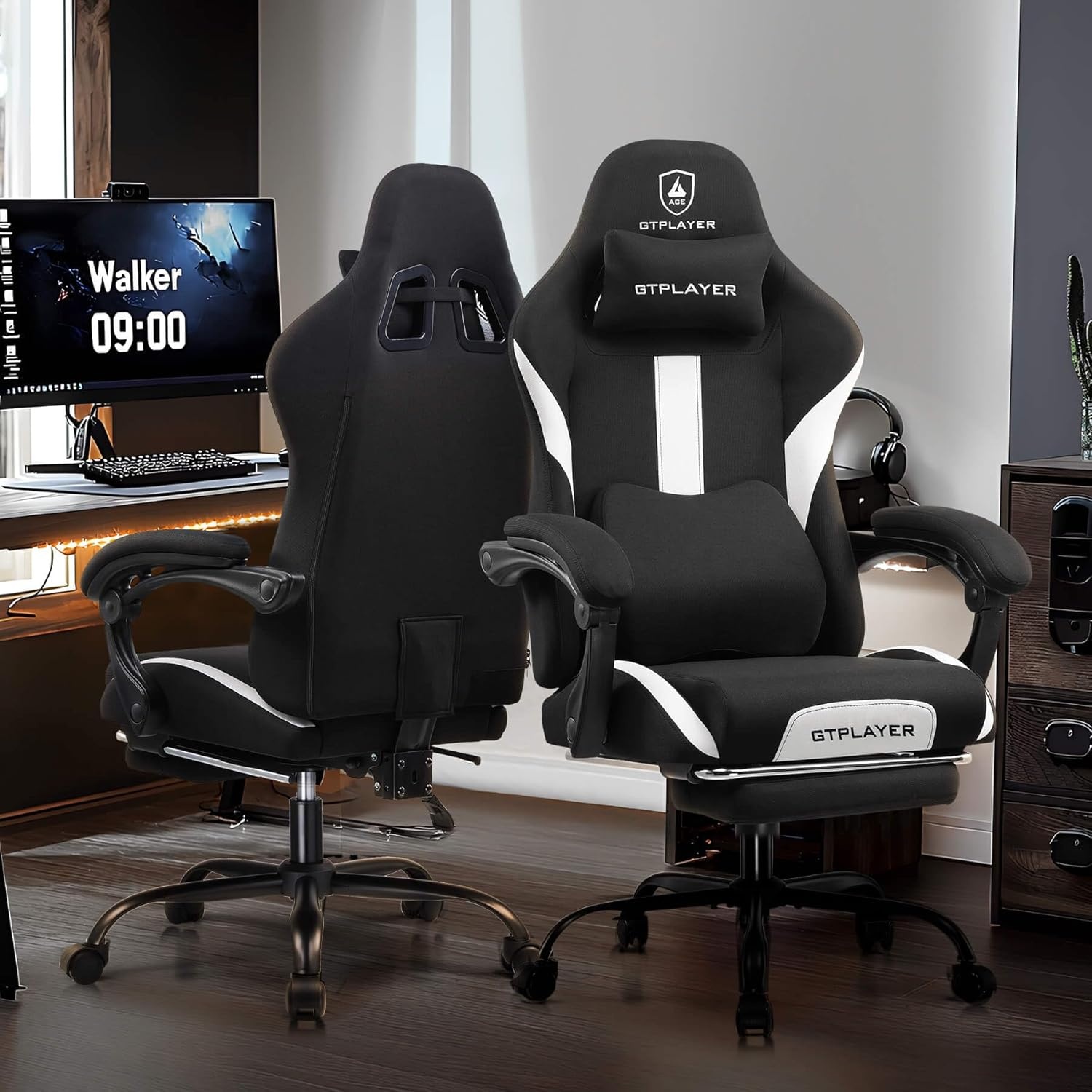 image:imageGTPLAYER Gaming Chair with Foot Rest amp Pocket Spring Cushion Ergonomic High Back Computer Chair with Headrest amp 360Swivel Seat for Home Office Desk PU Leather PinkCoalblack