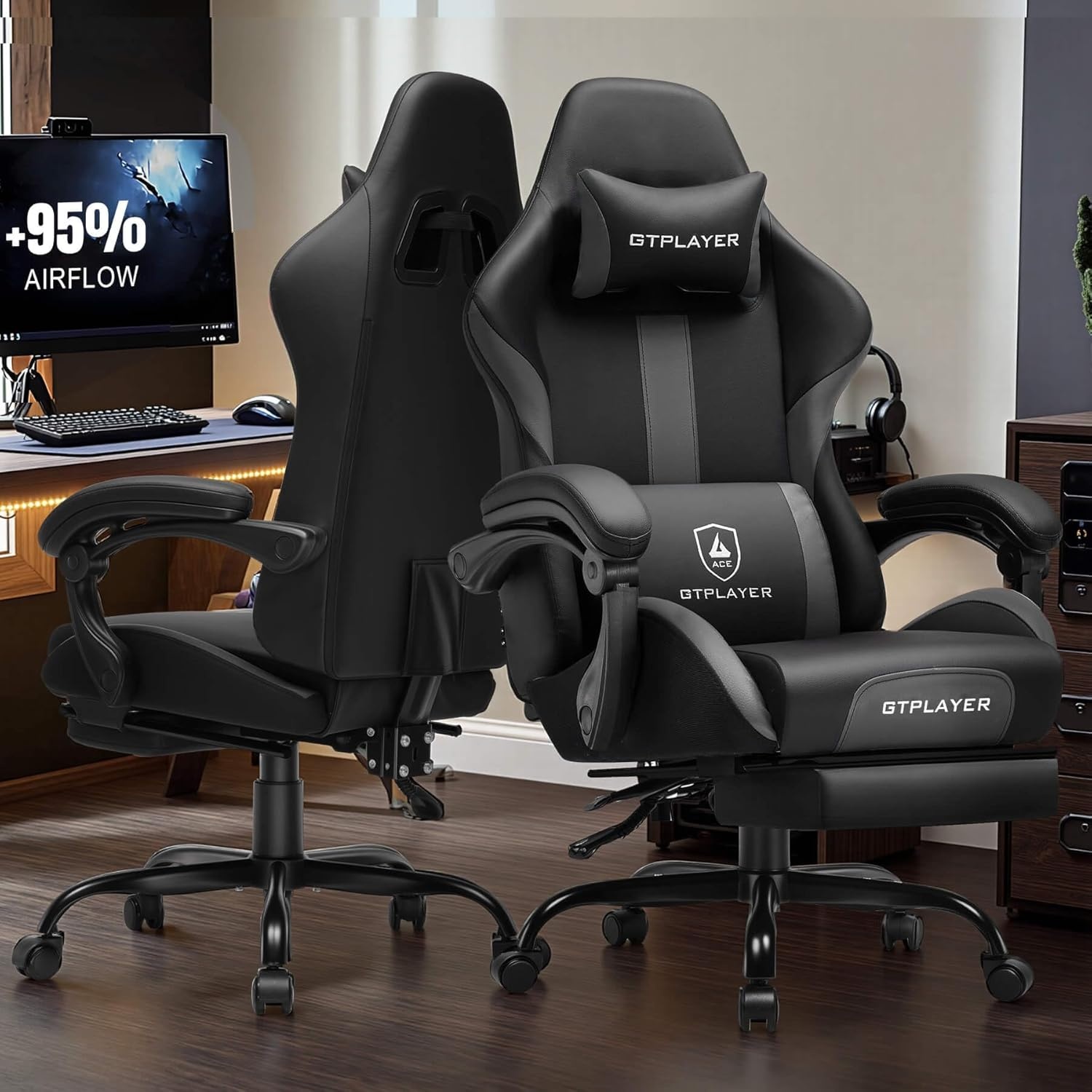 image:imageGTPLAYER Gaming Chair with Foot Rest amp Pocket Spring Cushion Ergonomic High Back Computer Chair with Headrest amp 360Swivel Seat for Home Office Desk PU Leather PinkDarkgray