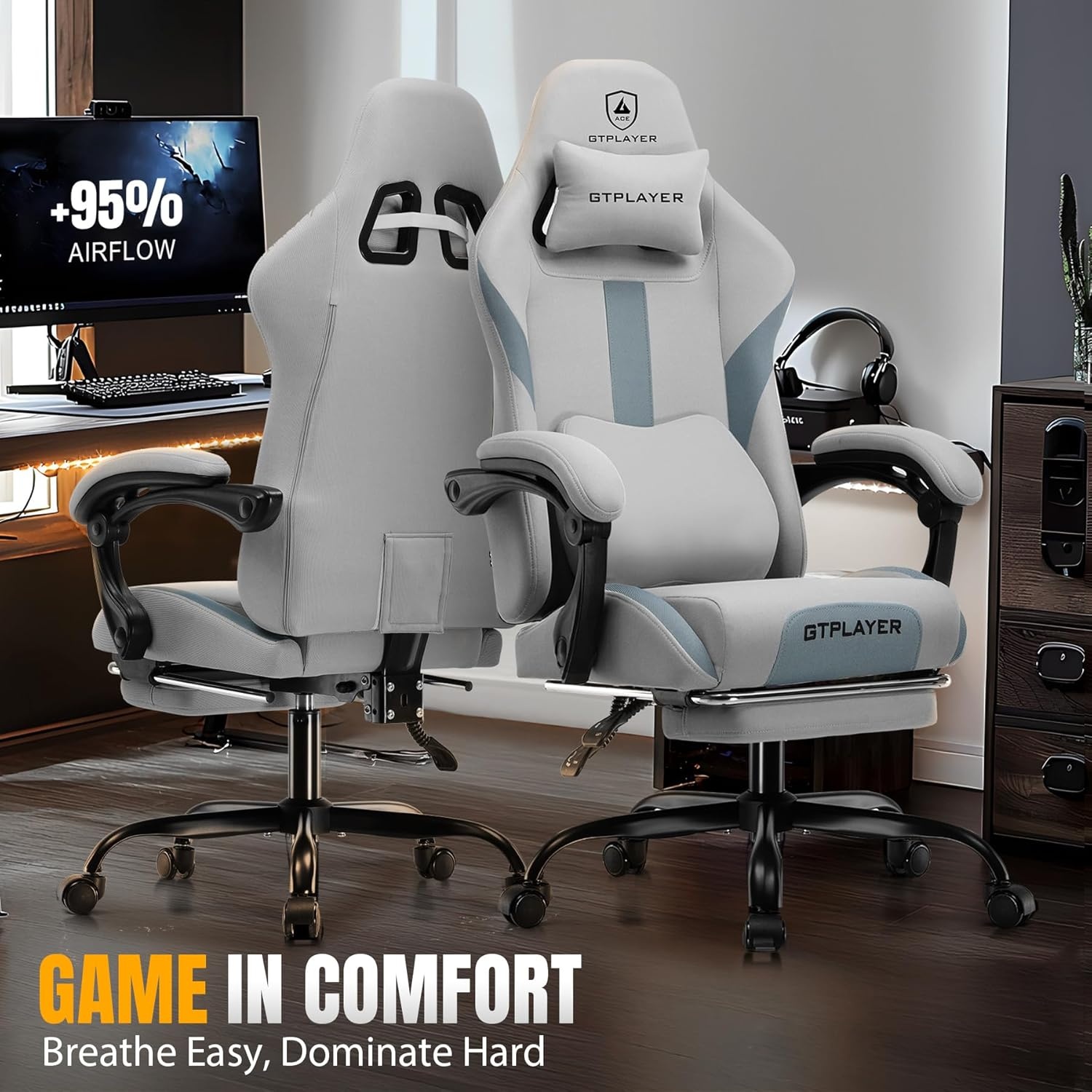 image:imageGTPLAYER Gaming Chair with Foot Rest amp Pocket Spring Cushion Ergonomic High Back Computer Chair with Headrest amp 360Swivel Seat for Home Office Desk PU Leather PinkBluegray