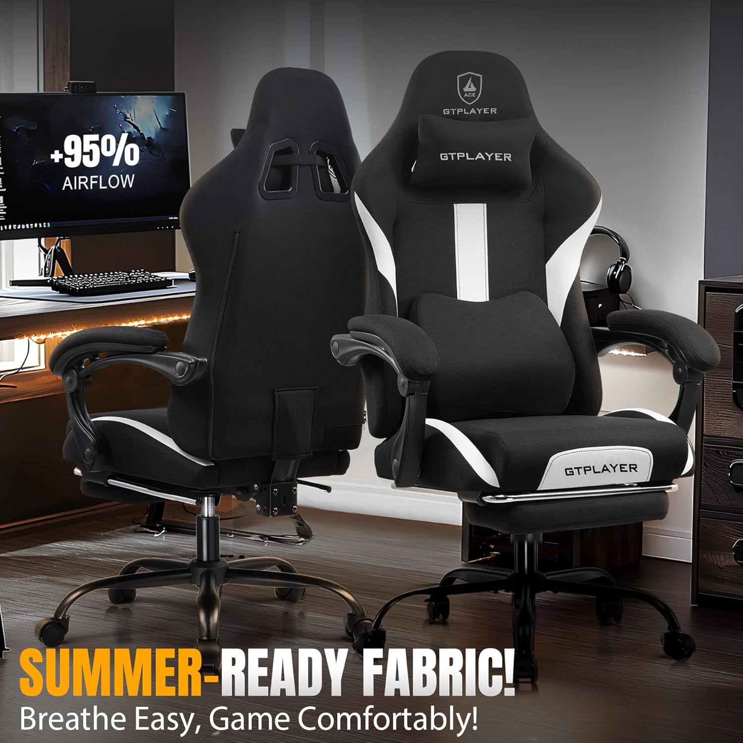 image:imageGTPLAYER Gaming Chair with Foot Rest amp Pocket Spring Cushion Ergonomic High Back Computer Chair with Headrest amp 360Swivel Seat for Home Office Desk PU Leather PinkWhiteblack