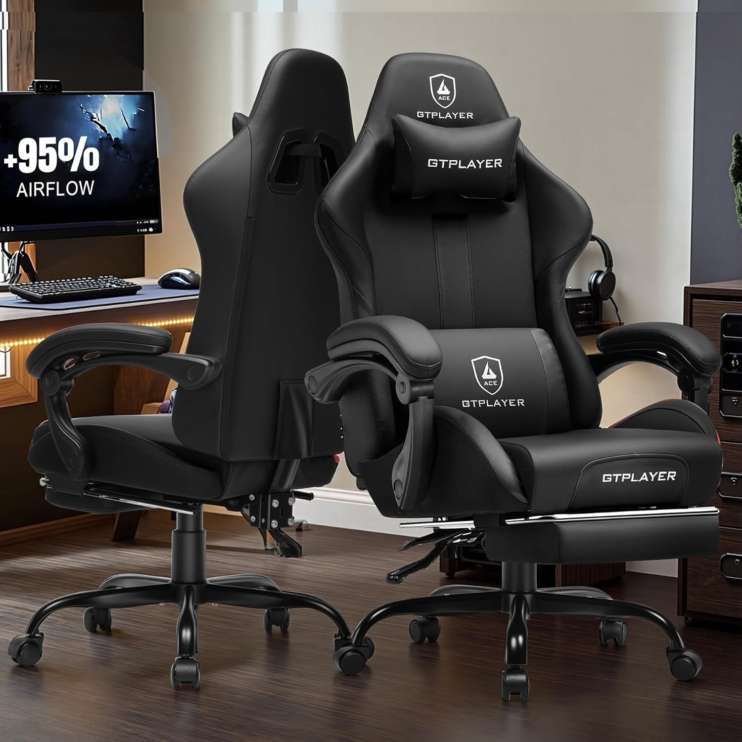 image:imageGTPLAYER Gaming Chair with Foot Rest amp Pocket Spring Cushion Ergonomic High Back Computer Chair with Headrest amp 360Swivel Seat for Home Office Desk PU Leather PinkPitchblack