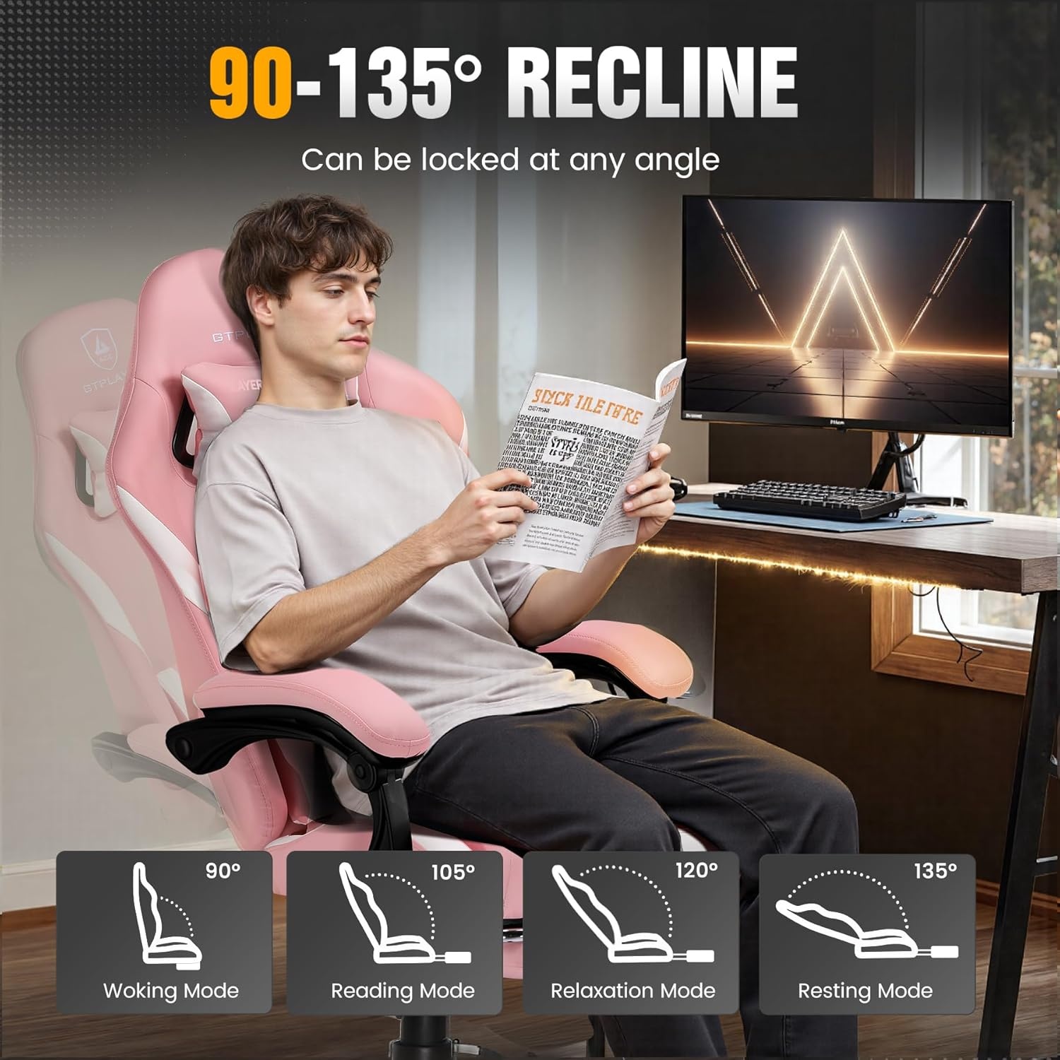 image:imageGTPLAYER Gaming Chair with Foot Rest amp Pocket Spring Cushion Ergonomic High Back Computer Chair with Headrest amp 360Swivel Seat for Home Office Desk PU Leather PinkPink