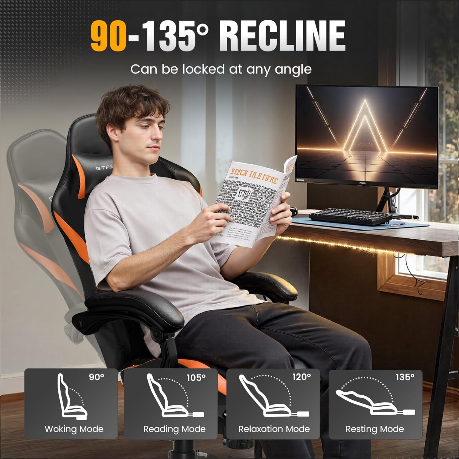 image:imageGTPLAYER Gaming Chair with Foot Rest amp Pocket Spring Cushion Ergonomic High Back Computer Chair with Headrest amp 360Swivel Seat for Home Office Desk PU Leather PinkOrange