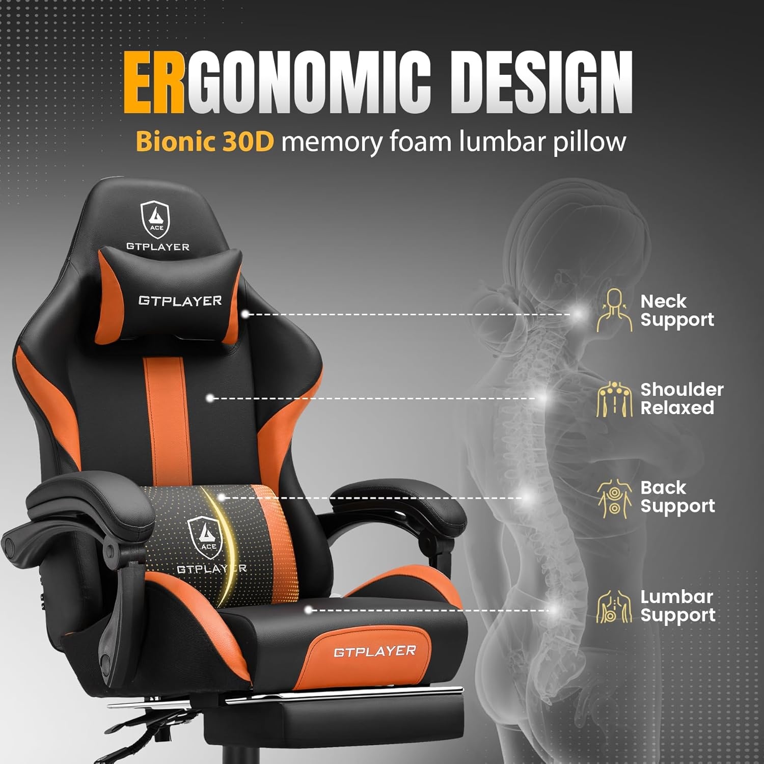 image:imageGTPLAYER Gaming Chair with Foot Rest amp Pocket Spring Cushion Ergonomic High Back Computer Chair with Headrest amp 360Swivel Seat for Home Office Desk PU Leather PinkOrange