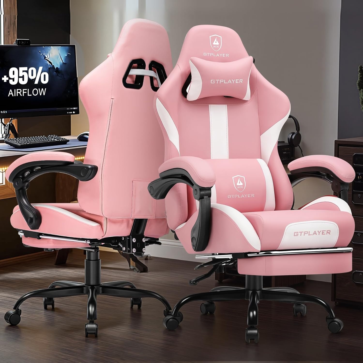 image:imageGTPLAYER Gaming Chair with Foot Rest amp Pocket Spring Cushion Ergonomic High Back Computer Chair with Headrest amp 360Swivel Seat for Home Office Desk PU Leather PinkPink
