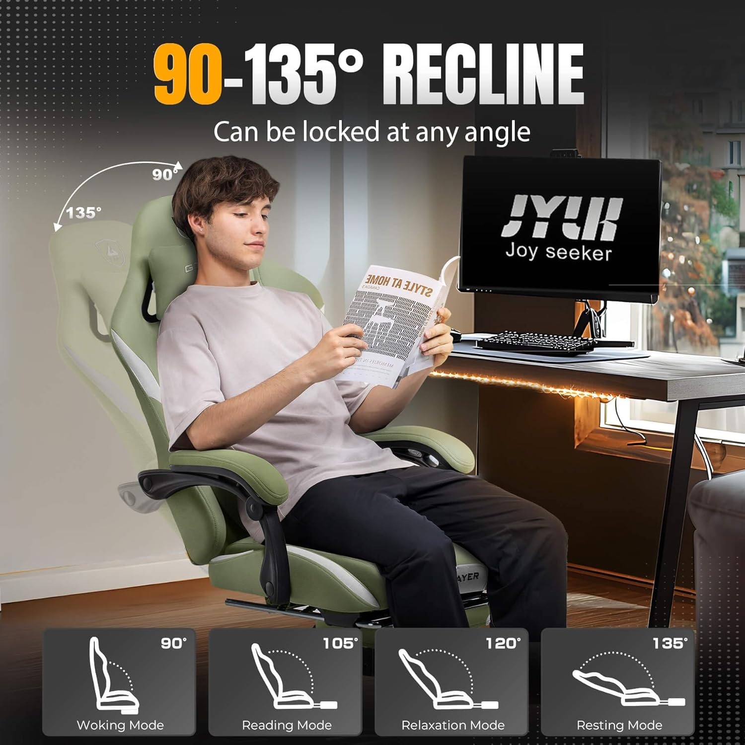image:imageGTPLAYER Gaming Chair with Foot Rest amp Pocket Spring Cushion Ergonomic High Back Computer Chair with Headrest amp 360Swivel Seat for Home Office Desk PU Leather PinkGreen
