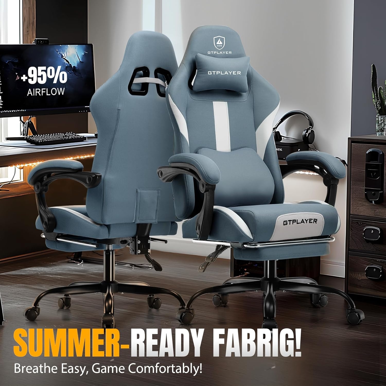 image:imageGTPLAYER Gaming Chair with Foot Rest amp Pocket Spring Cushion Ergonomic High Back Computer Chair with Headrest amp 360Swivel Seat for Home Office Desk PU Leather PinkAcidblue