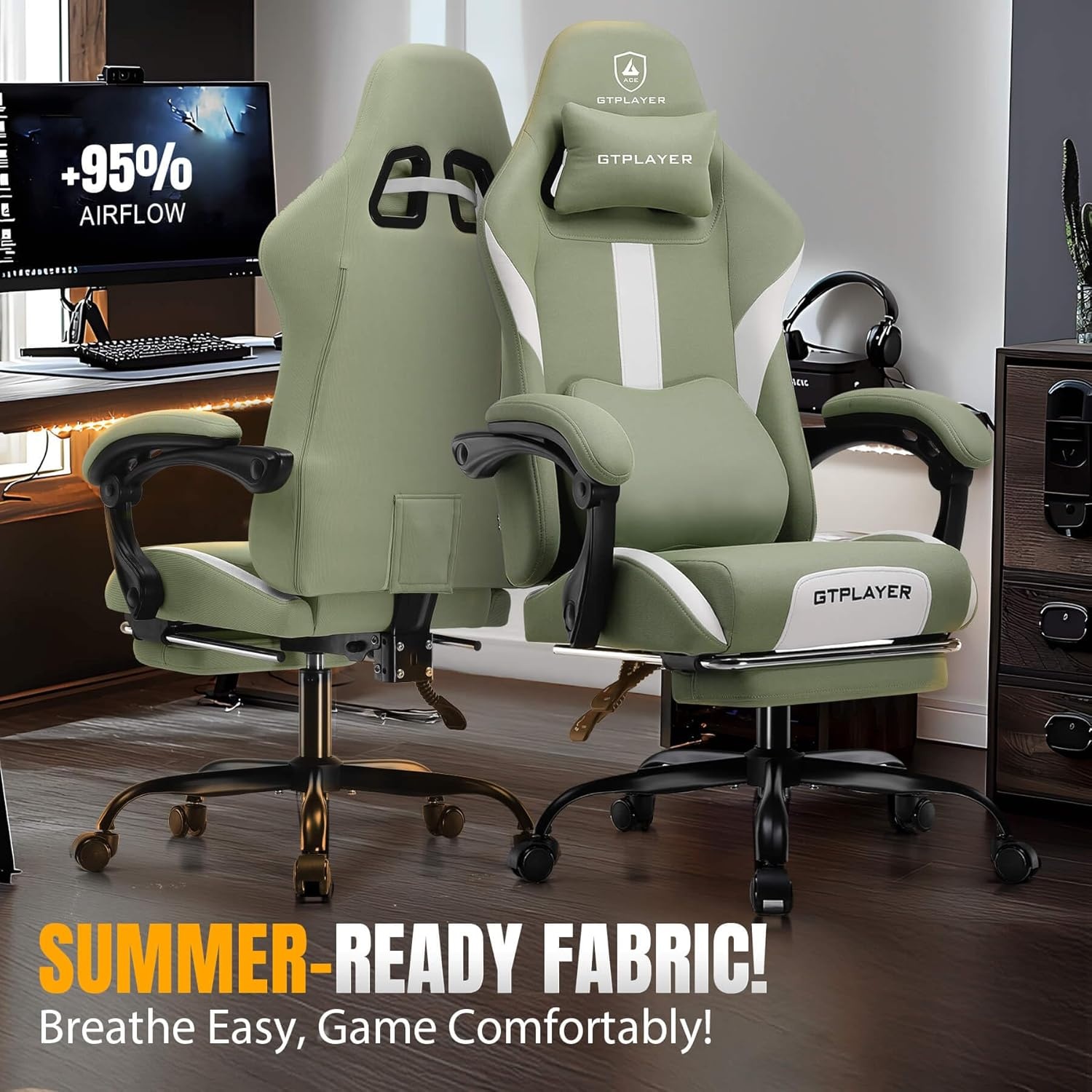 image:imageGTPLAYER Gaming Chair with Foot Rest amp Pocket Spring Cushion Ergonomic High Back Computer Chair with Headrest amp 360Swivel Seat for Home Office Desk PU Leather PinkGreen