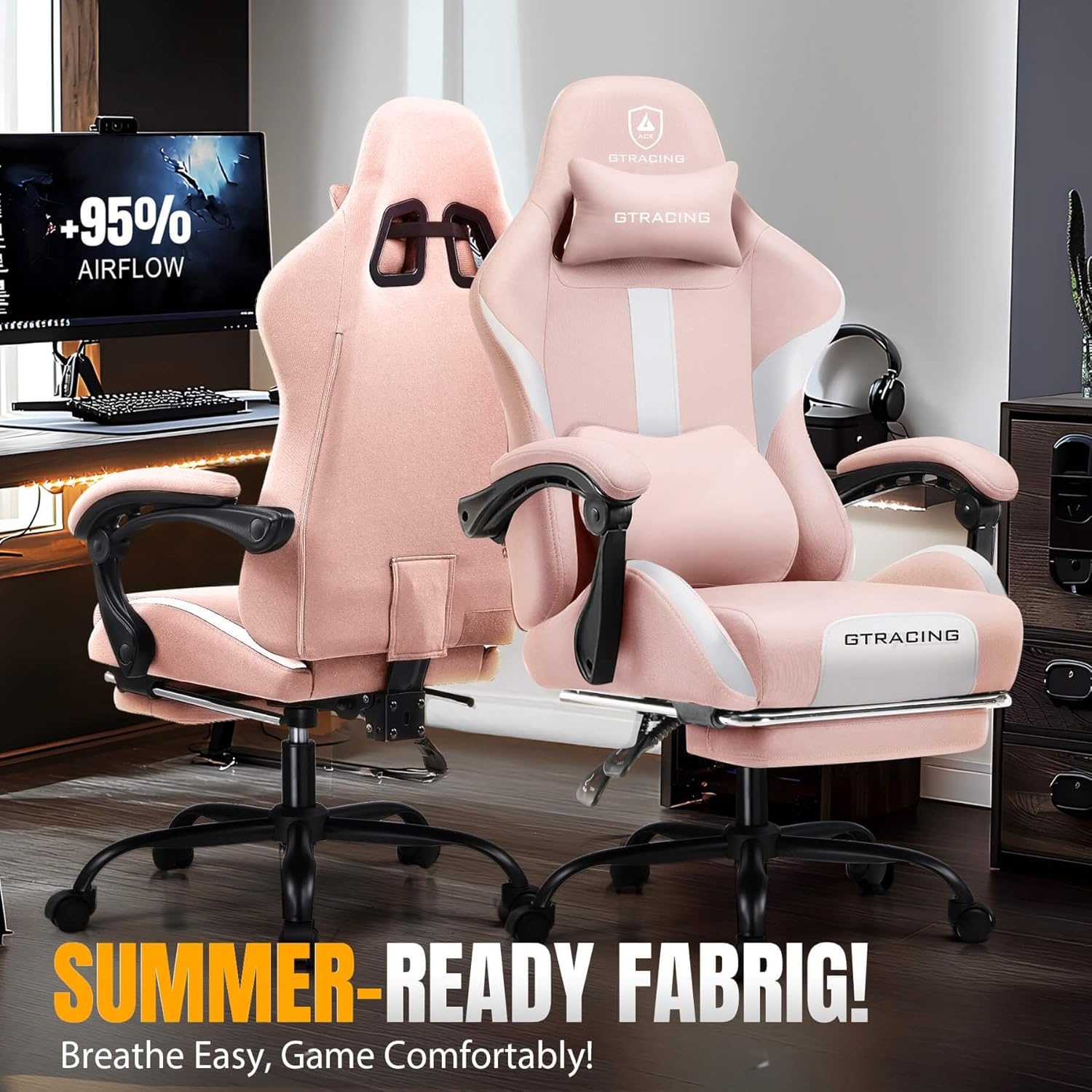 image:imageGTPLAYER Gaming Chair with Foot Rest amp Pocket Spring Cushion Ergonomic High Back Computer Chair with Headrest amp 360Swivel Seat for Home Office Desk PU Leather PinkPink