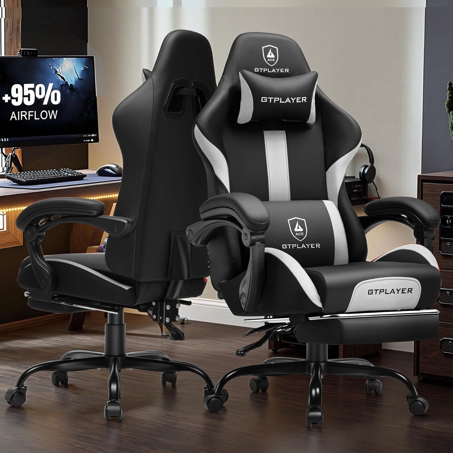 image:imageGTPLAYER Gaming Chair with Foot Rest amp Pocket Spring Cushion Ergonomic High Back Computer Chair with Headrest amp 360Swivel Seat for Home Office Desk PU Leather PinkWhiteblack