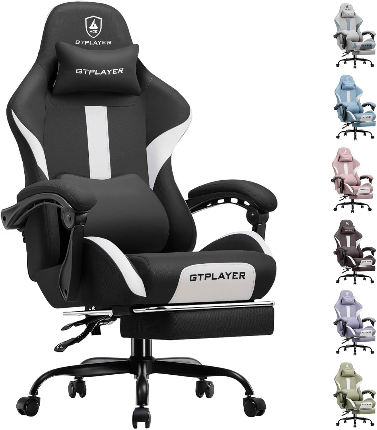 image:imageGTPLAYER Gaming Chair with Foot Rest amp Pocket Spring Cushion Ergonomic High Back Computer Chair with Headrest amp 360Swivel Seat for Home Office Desk PU Leather PinkWhiteblack